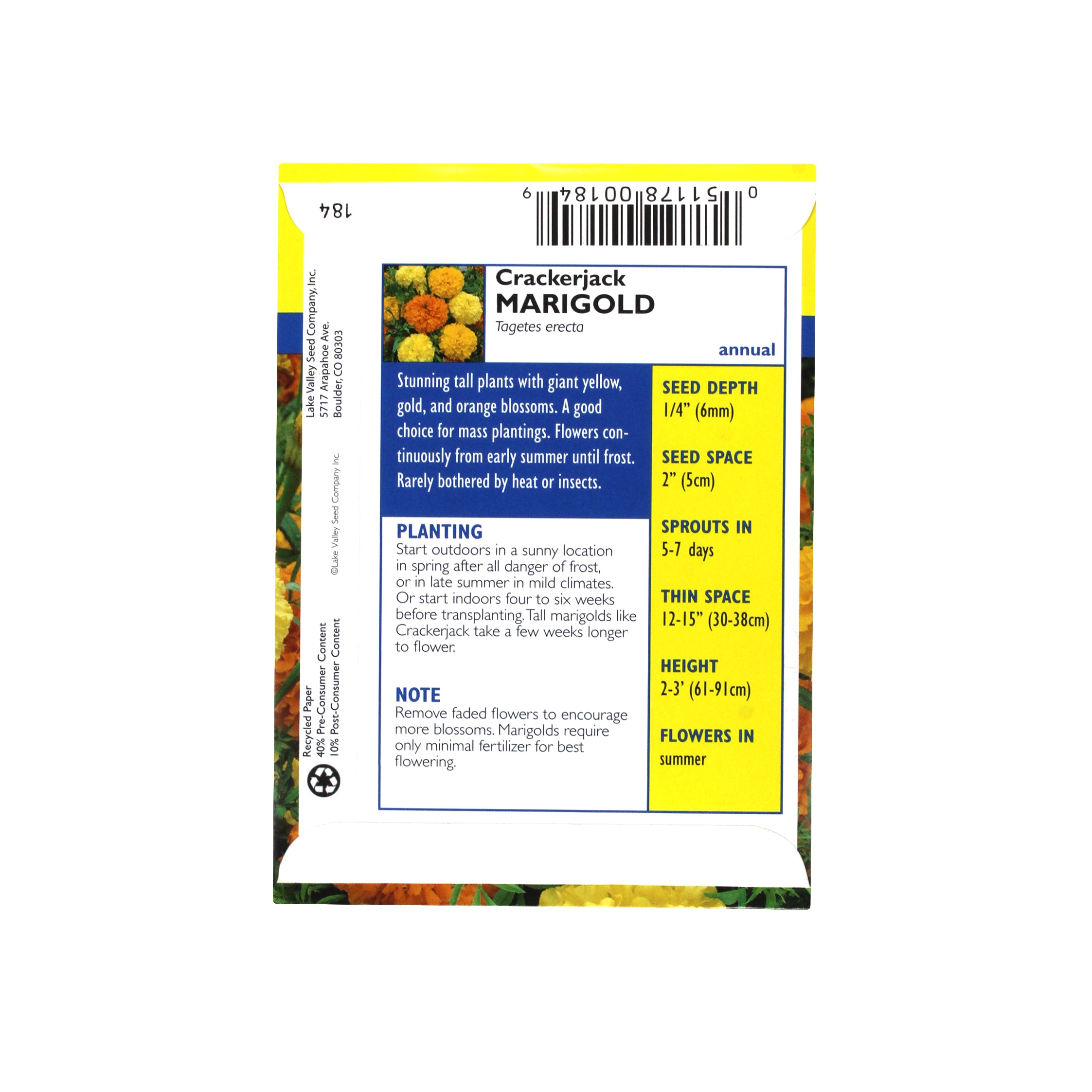 Lake Valley Seed Marigold, Crackerjack Flower Mix Heirloom, 0.4g