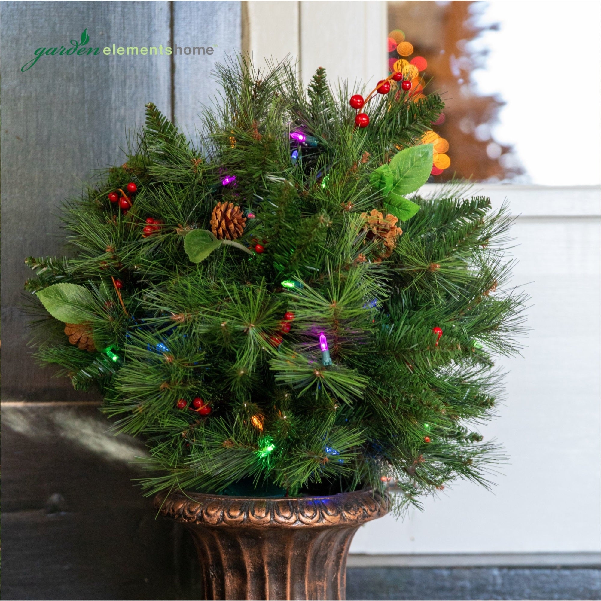 Garden Elements Battery Operated Christmas Compact Ball Porch Tree in Bronze Container with Pinecones and Berries, 220 Tips, 70 Lights 20" D x 30" H