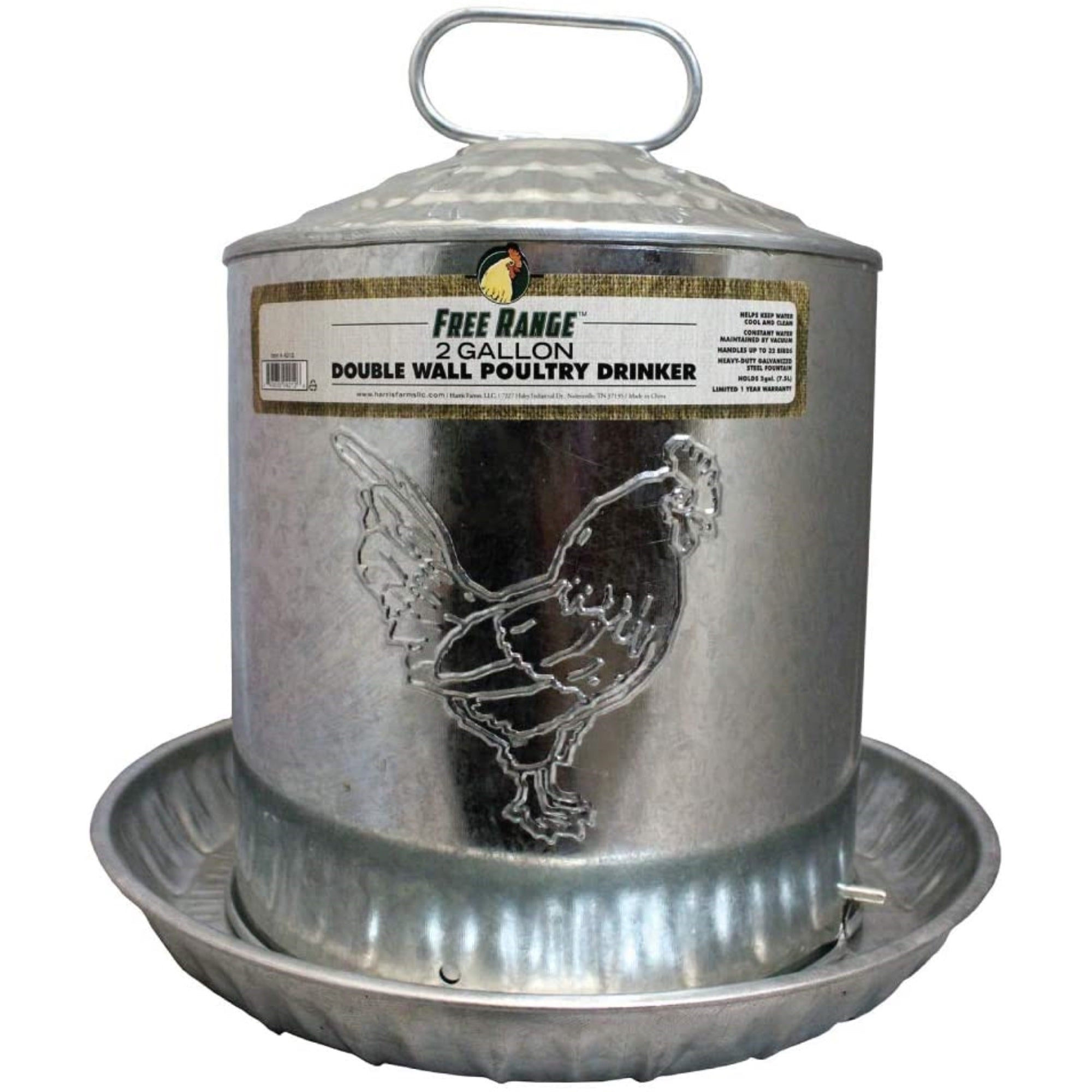 Harris Farms Galvanized Steel Double Wall Poultry Drinker, 2 gallons