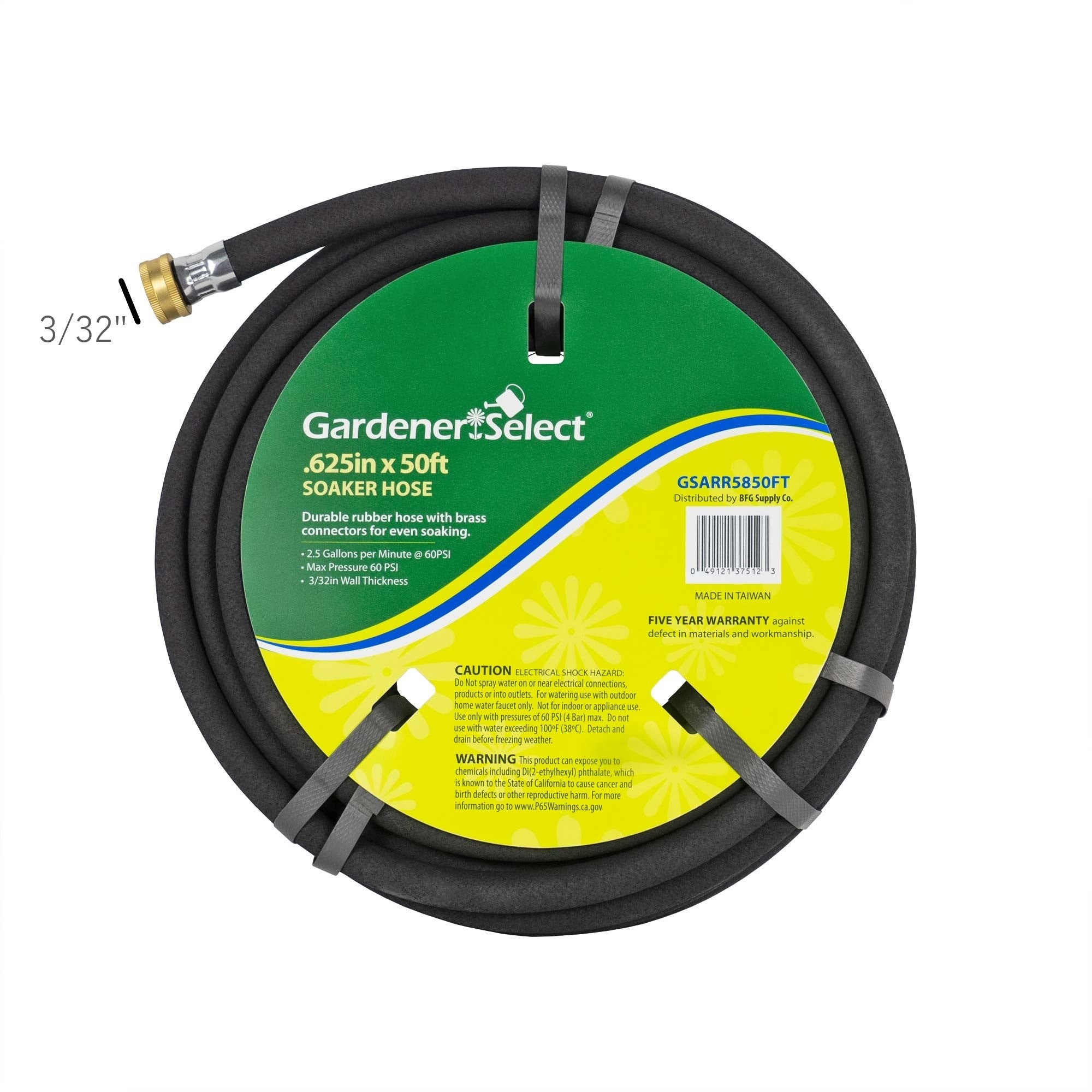 Gardener Select Durable Soaker Outdoor Rubber Hose W/Brass Connectors, Black, 5/8" By 50'