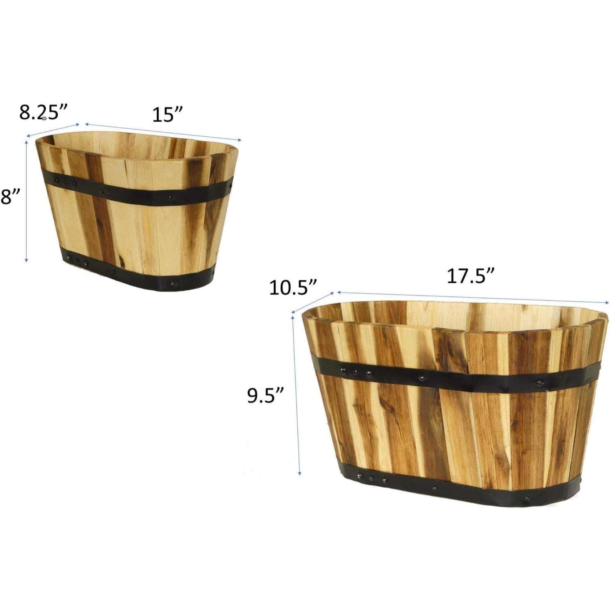 Classic Home and Garden Acacia Wood Oval Half-Barrel Planters with Metal Band, Assorted Sizes (Set of 2)