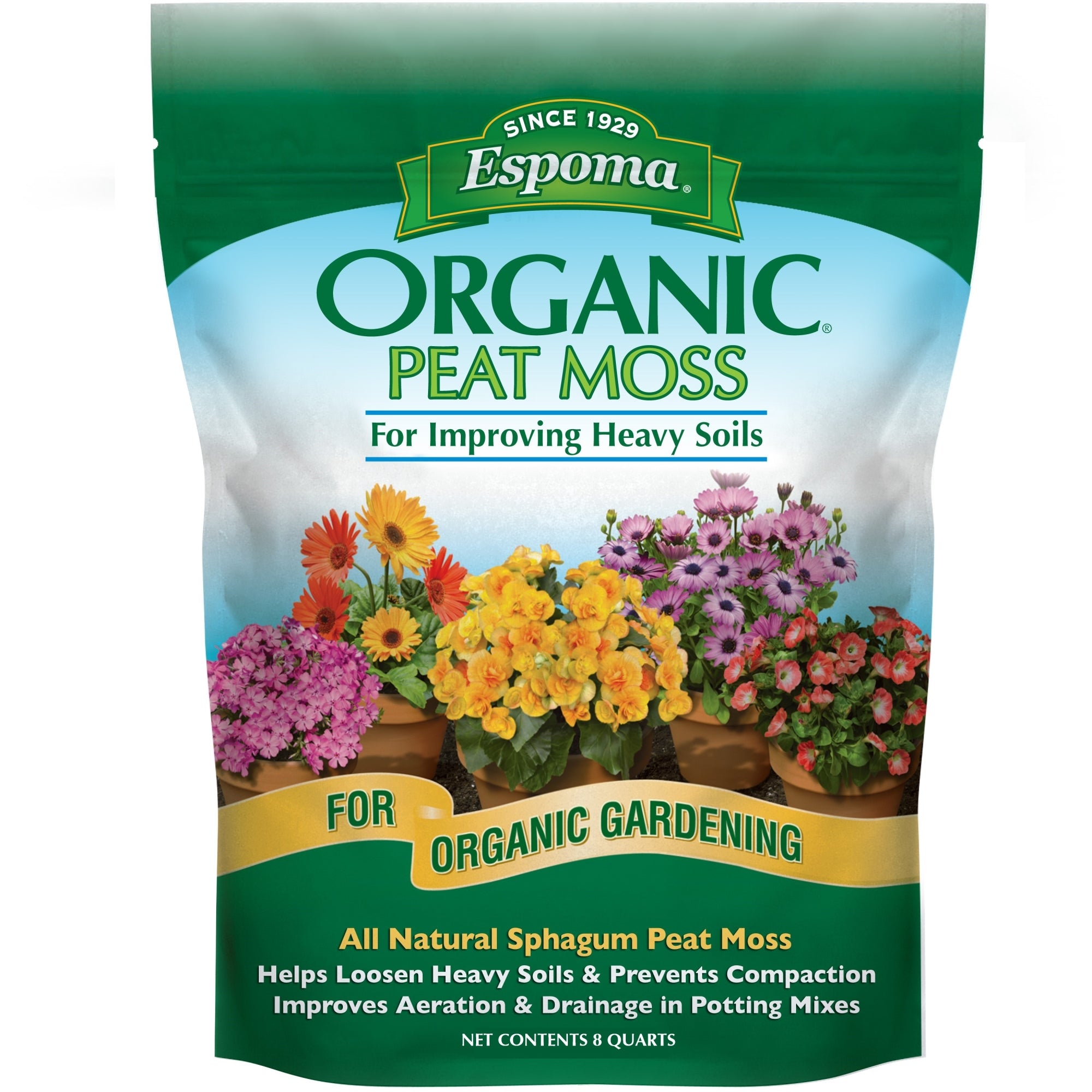 Espoma Organic Peat Moss, All-Natural Sphagnum Peat Moss to Improve Heavy Soils, Approved for Organic Gardening, 8 Qt Bag