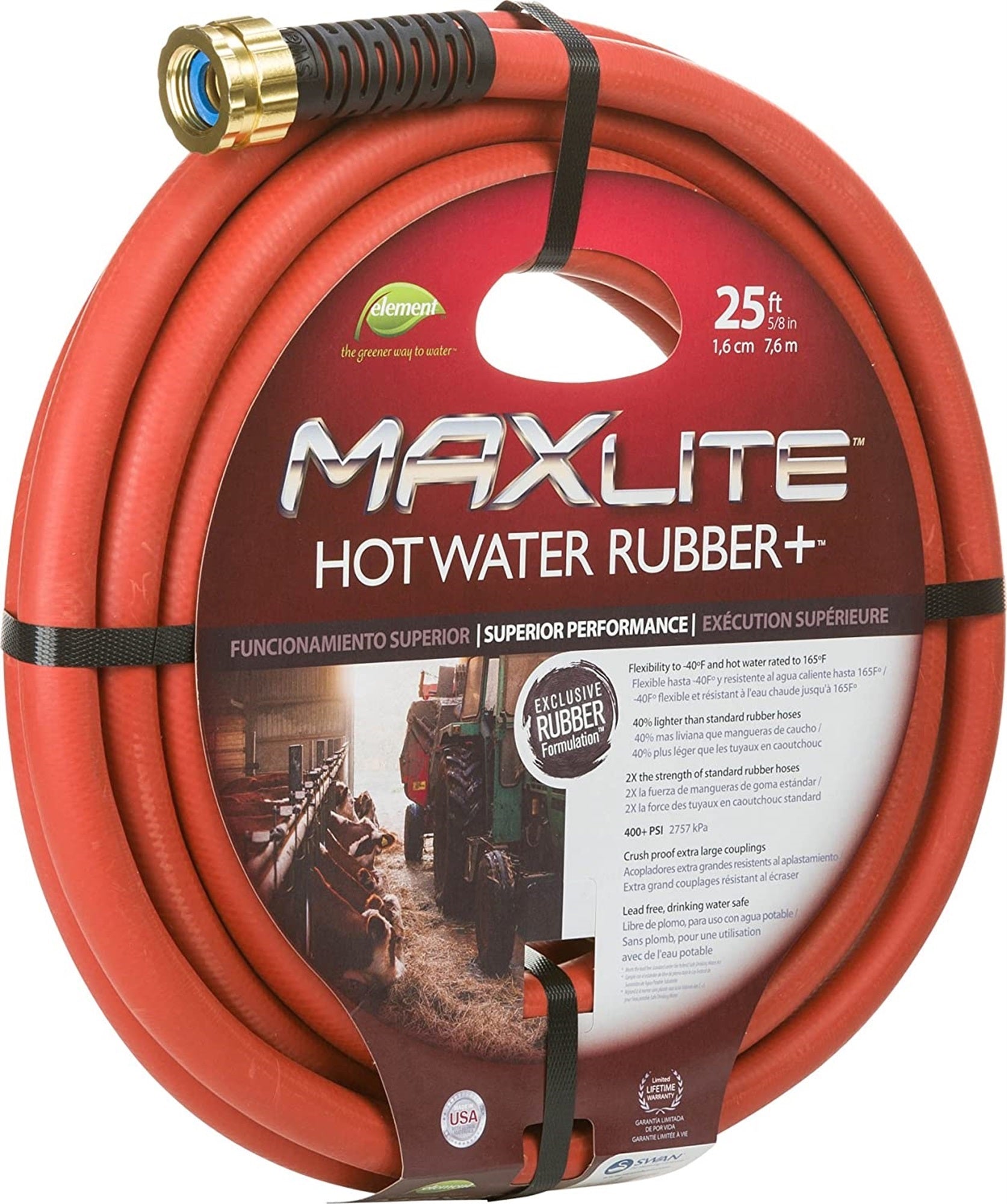 Swan Watering MAXLite Hot Water Rubber+ Hose, Red, 5/8in x 25ft