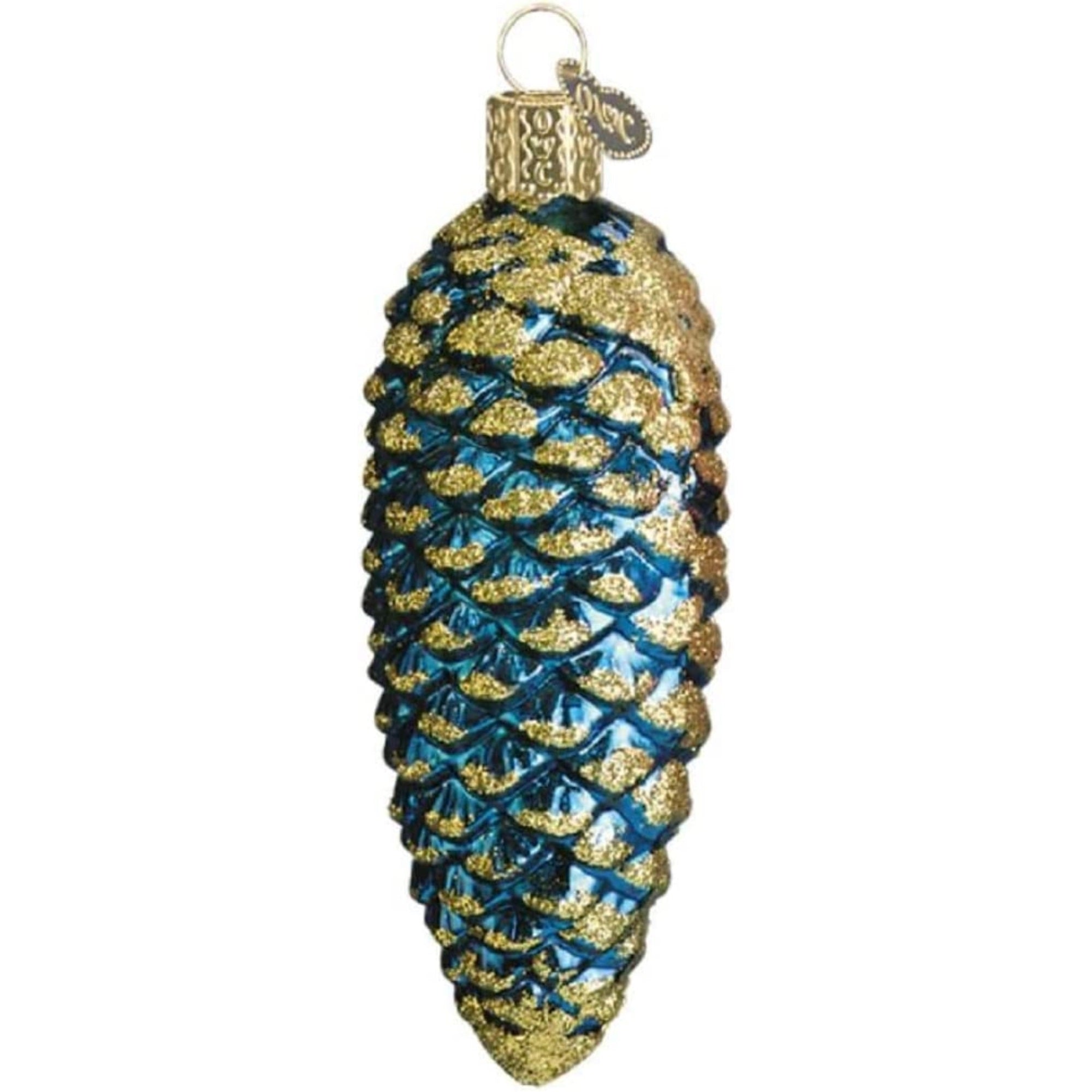 Old World Christmas Glass Blown Shimmering Pine Cone Blue, 4"