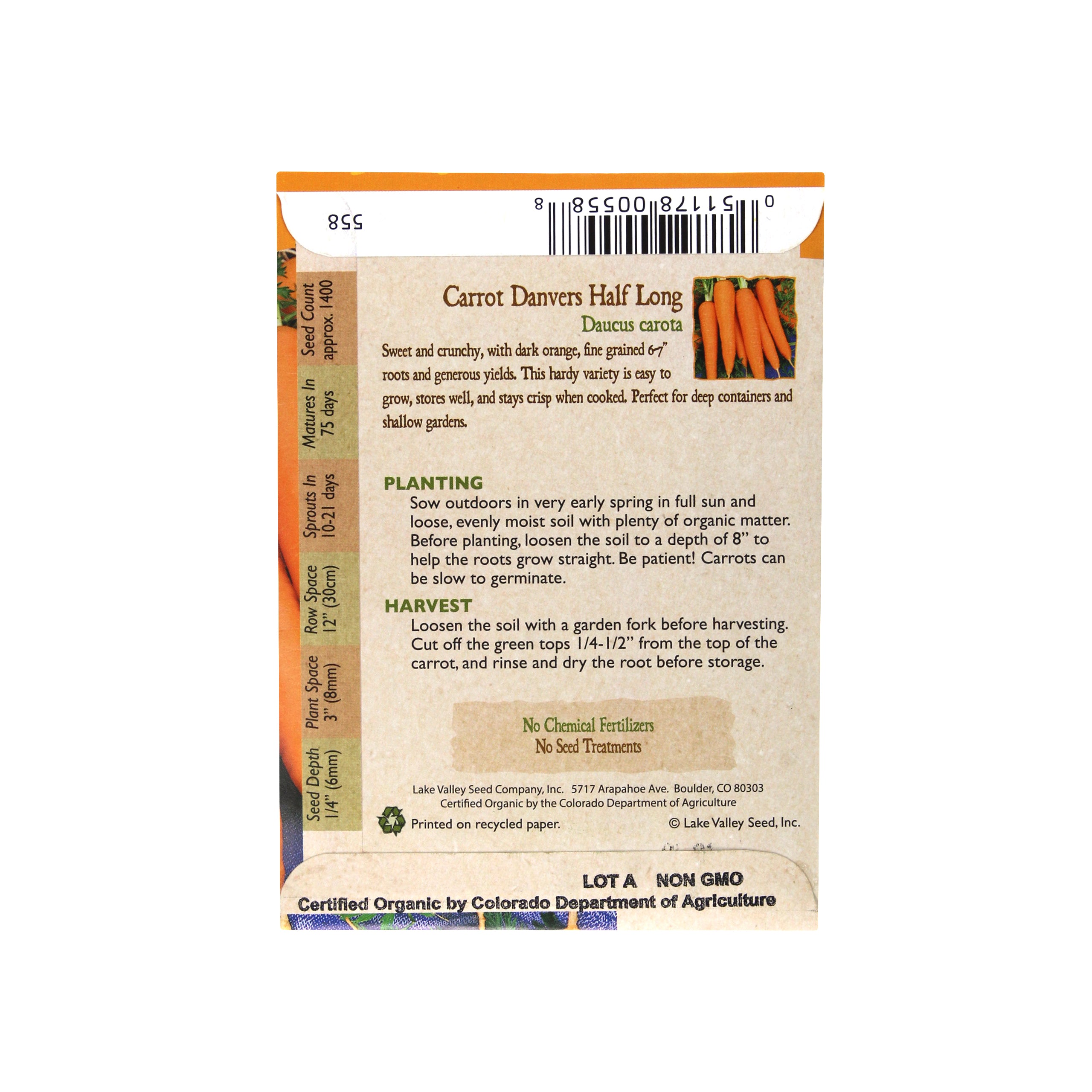 Lake Valley Seed Carrot, Danvers Half Long Organic Heirloom, 1.5g