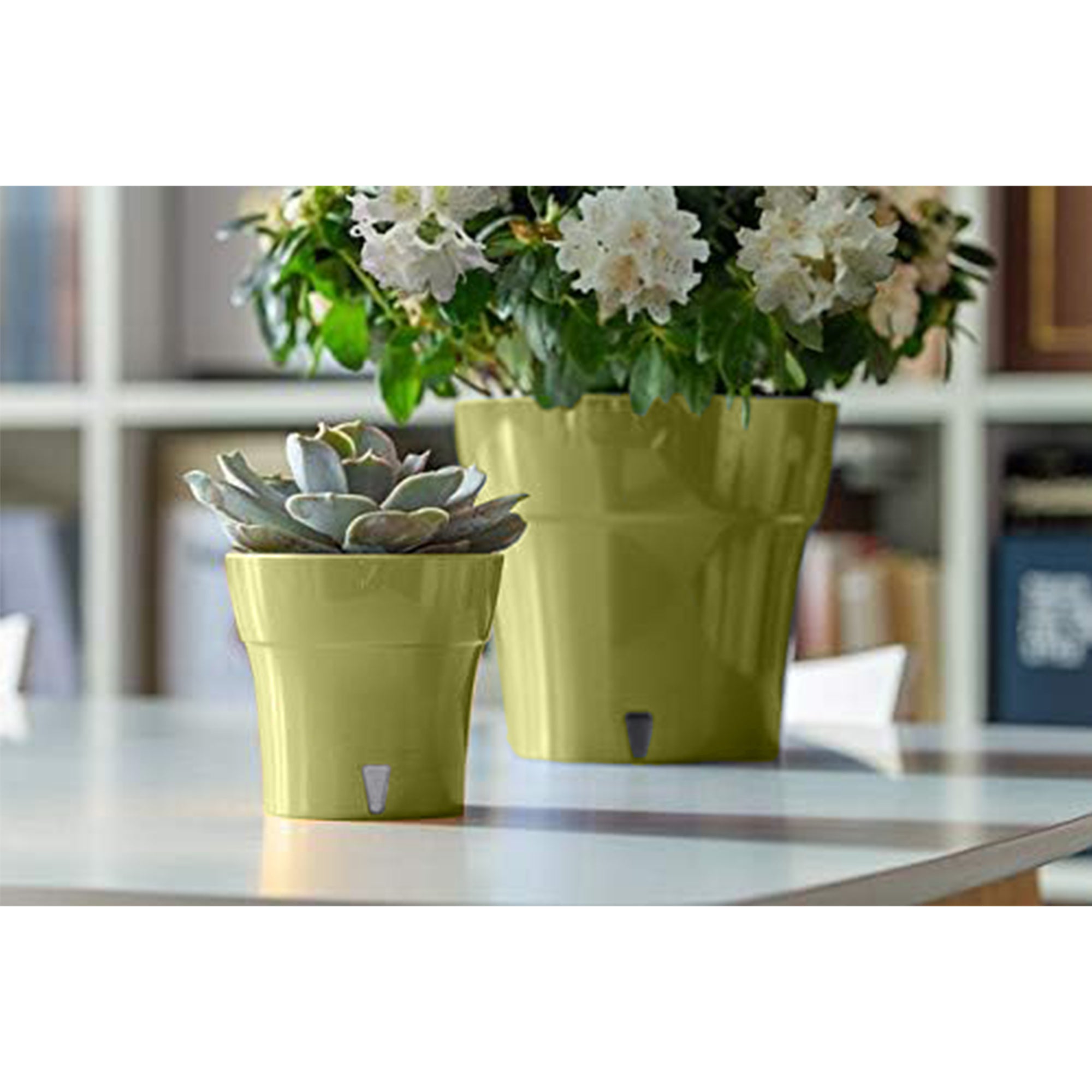 Decopots Plastic Round Modern Flower Pot with Drainage Planter, Olive Gray