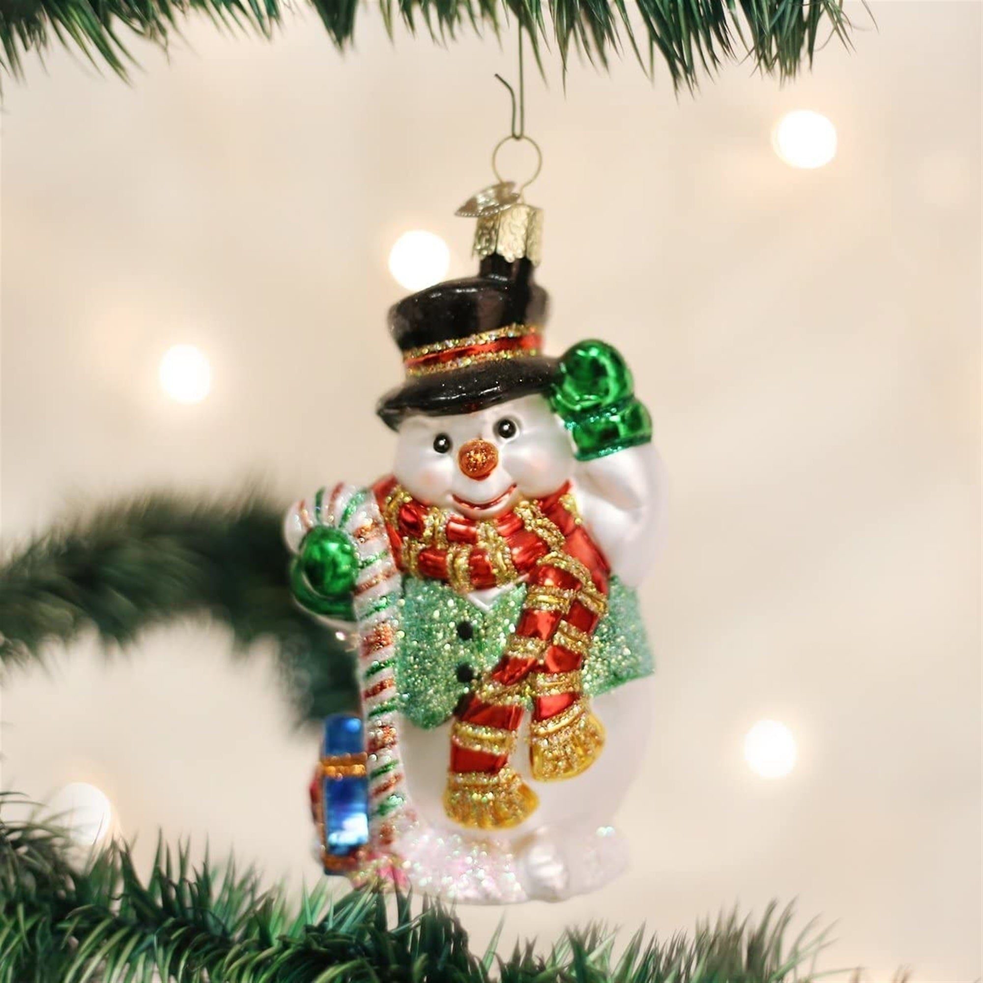 Old World Christmas Glass Blown Candy Cane Snowman Hanging Ornament