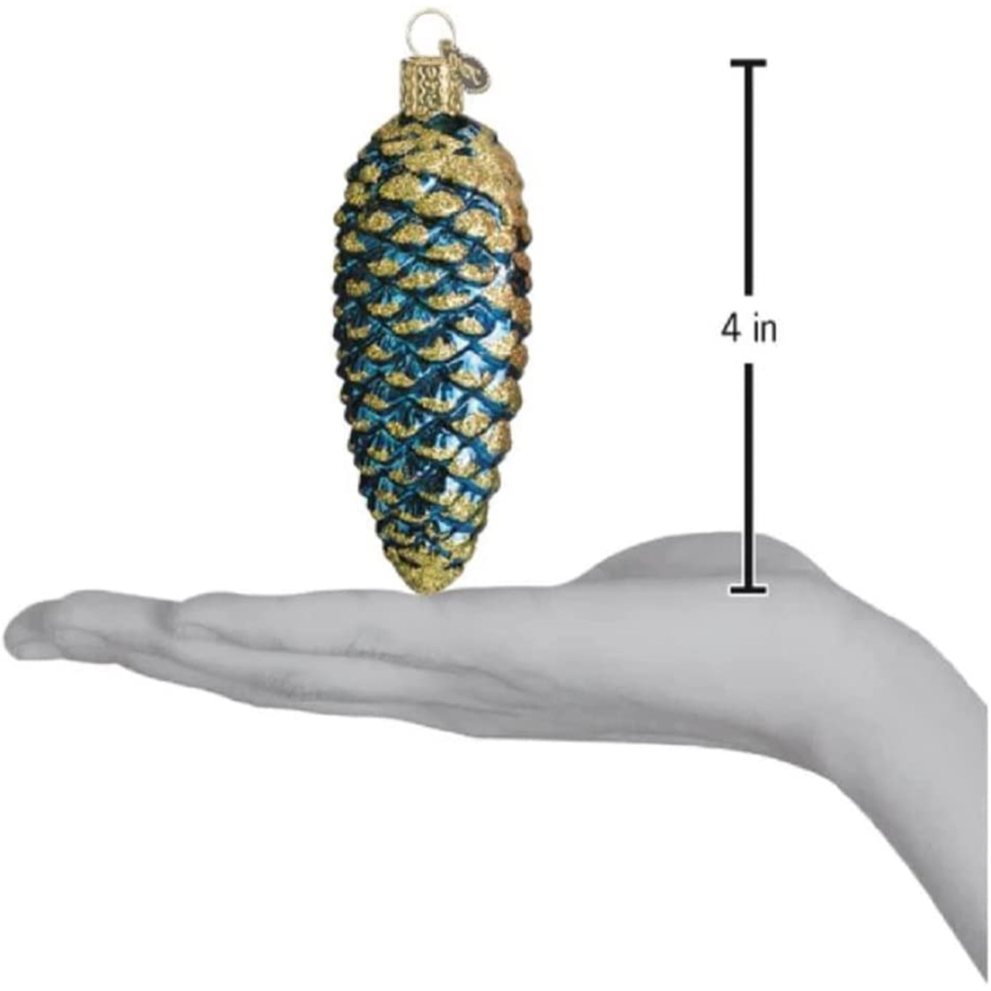 Old World Christmas Glass Blown Shimmering Pine Cone Blue, 4"