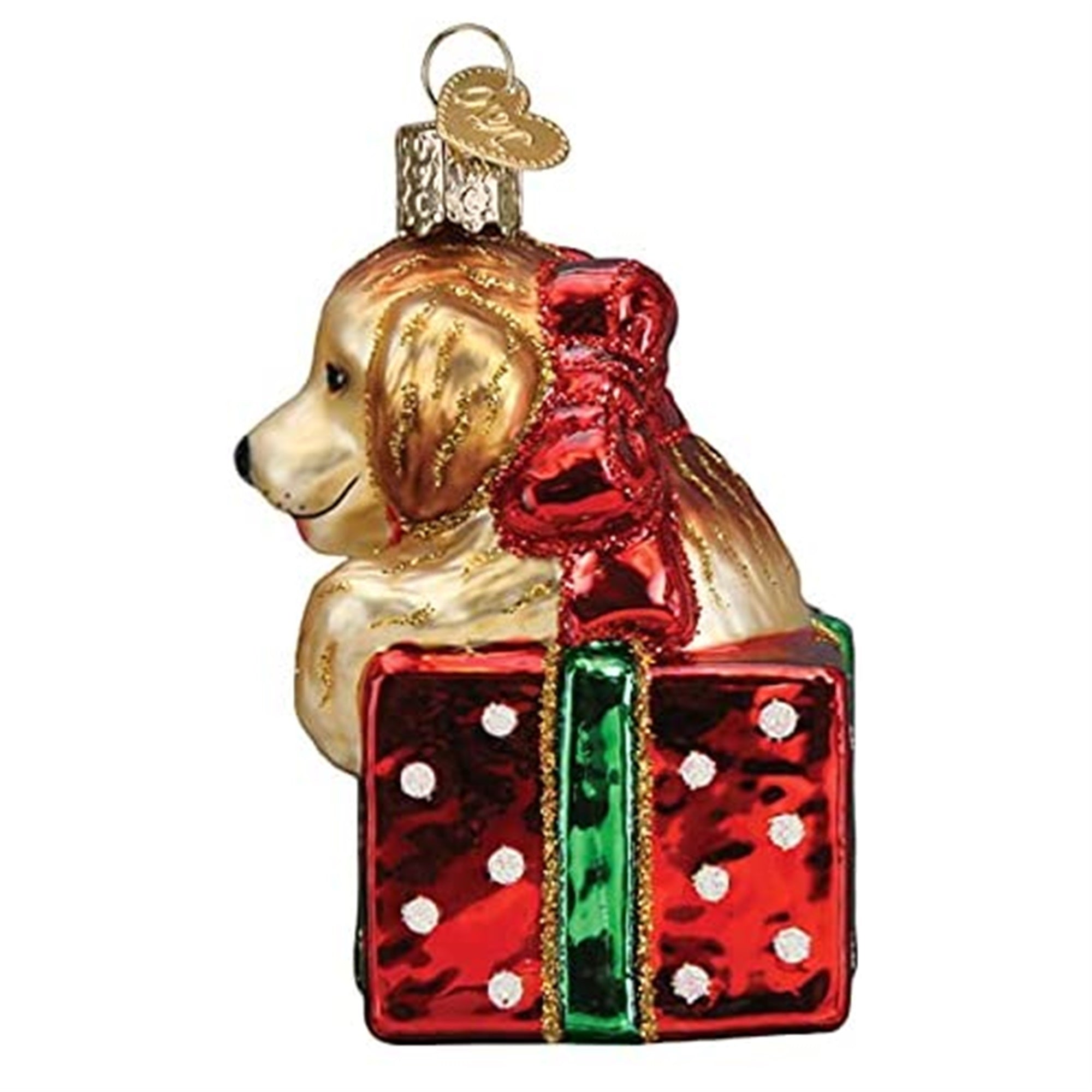 Old World Christmas Glass Golden Puppy Surprise Christmas Tree Ornament