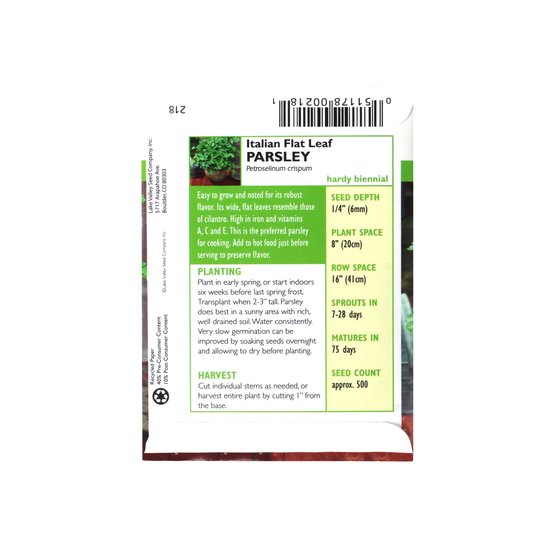 Lake Valley Seed Parsley, Italian Flat Leaf Heirloom, 1g