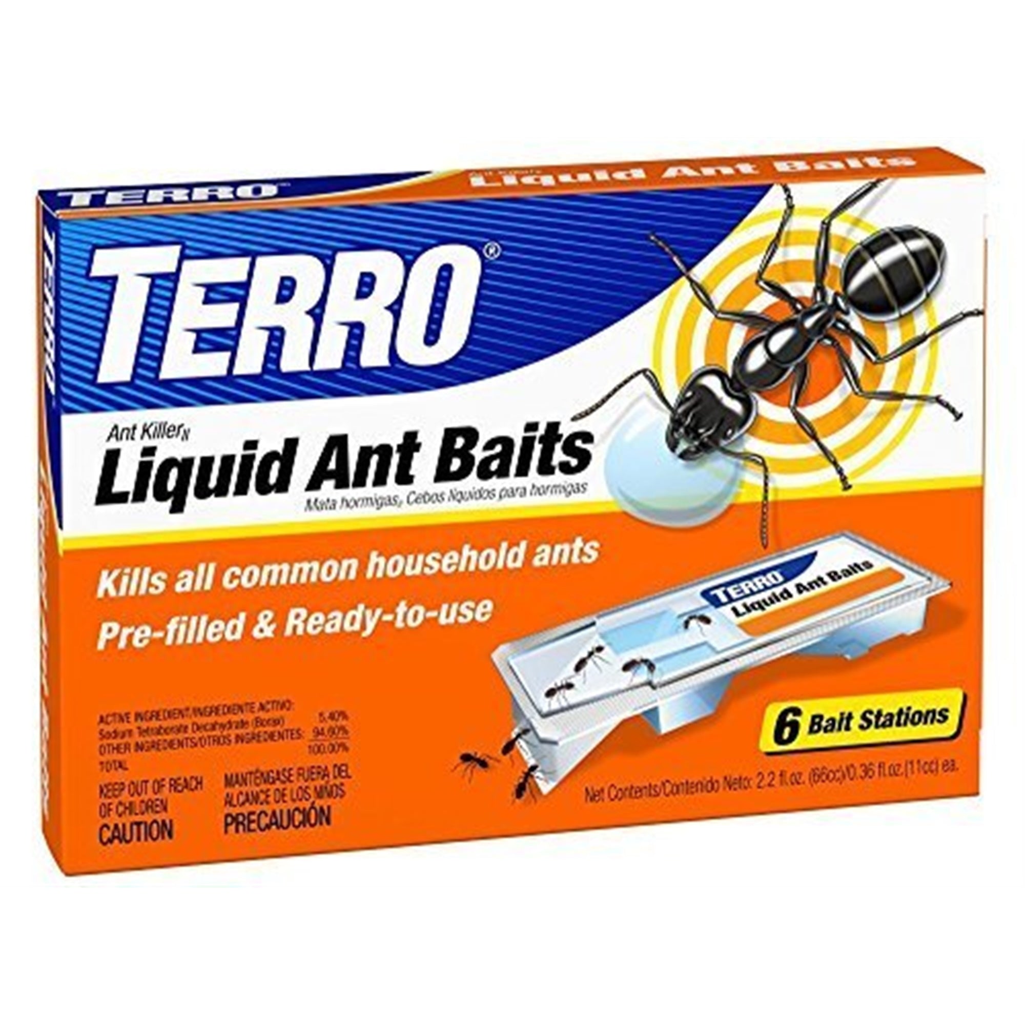 Terro Liquid Ant Bait, Pre-filled, RTU, Single box has 6 bait stations