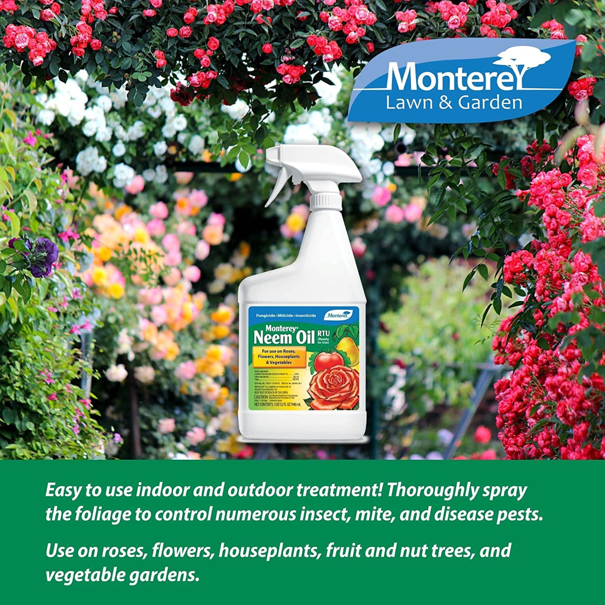 Monterey Neem Oil Ready to Use Spray,  Insecticide, Miticide & Fungicide, 32 oz