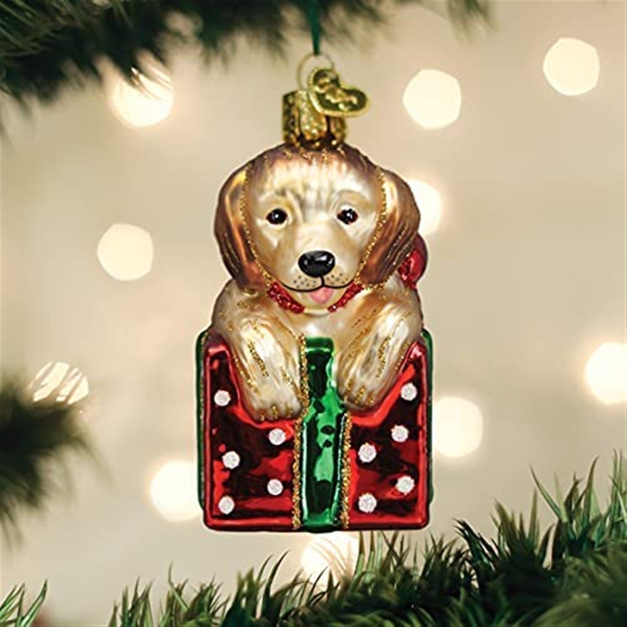 Old World Christmas Glass Golden Puppy Surprise Christmas Tree Ornament