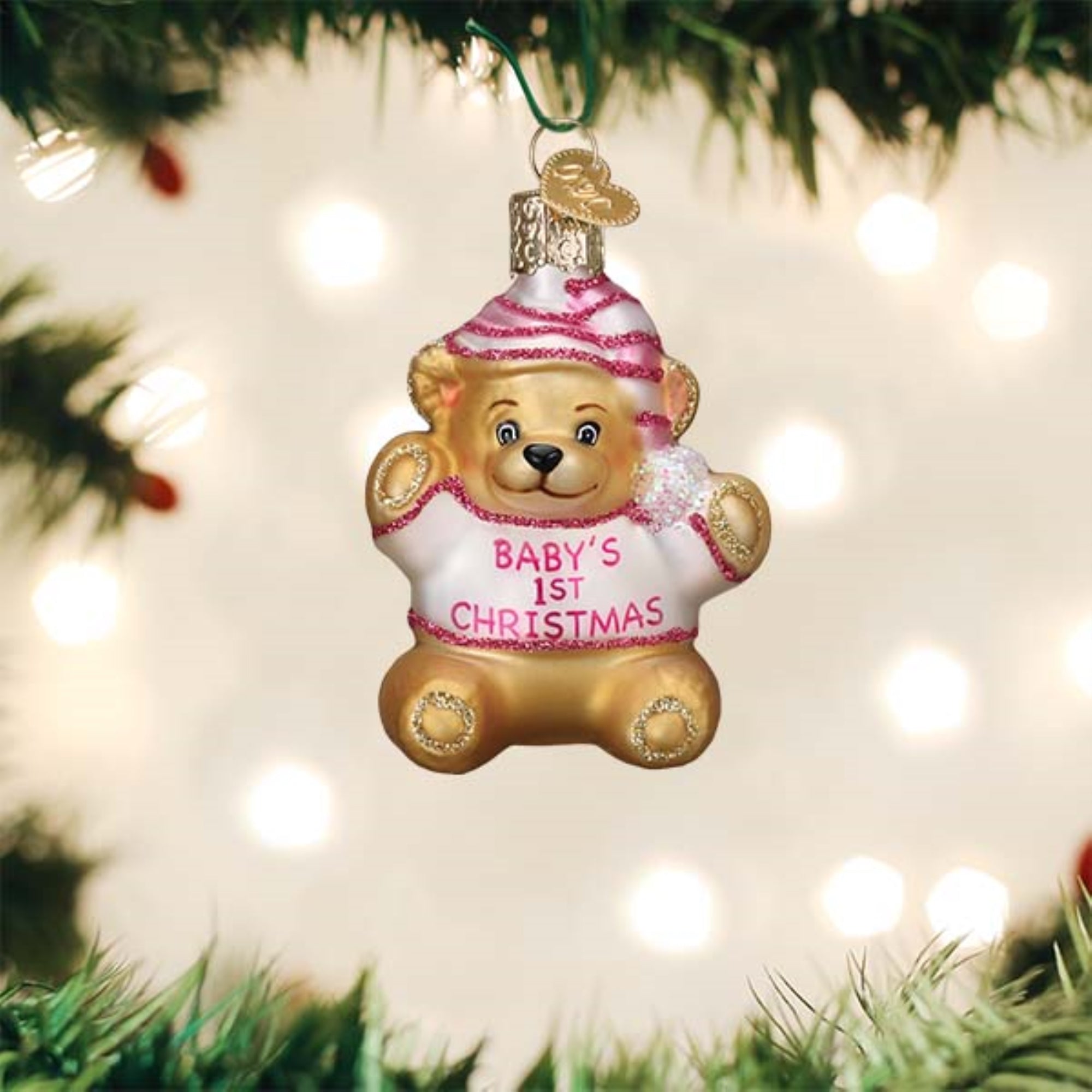 Old World Christmas Hanging Glass Tree Ornament, Baby Girl's First Teddy Bear