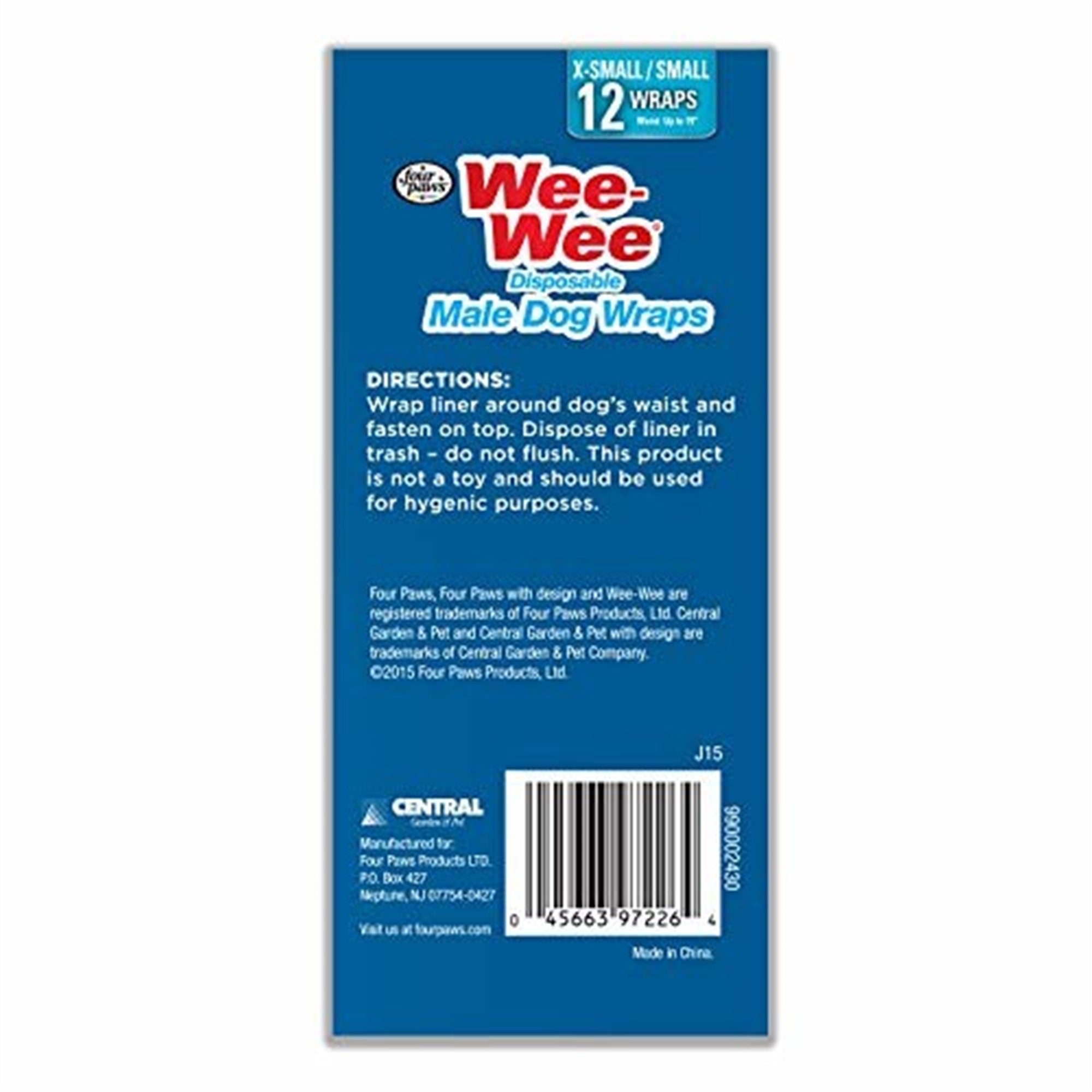 Four Paws Wee-Wee Disposable Male Dog Wraps, X-Small to Small (12 Per Pack)