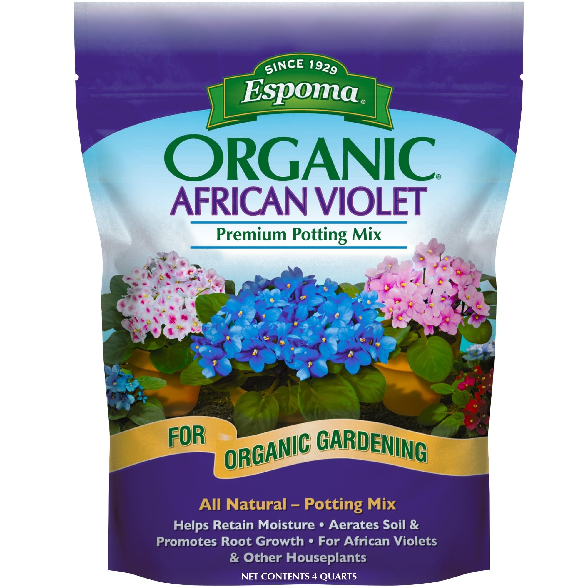 Espoma Organic Natural and Organic Premium Potting Soil Mix for African Violets and All Indoor Flowering Houseplants, for Organic Gardening, 4 Qt Bag
