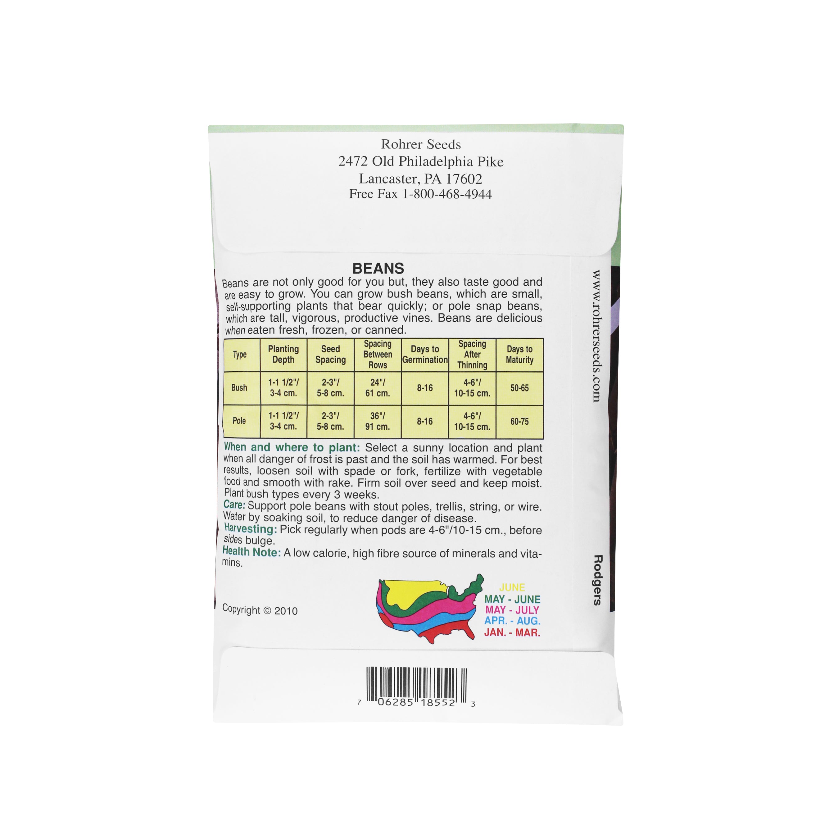 Rohrer Seeds Stringless Bush Beans, Carson Variety, 0.5lb Packet, Plants 75ft Row