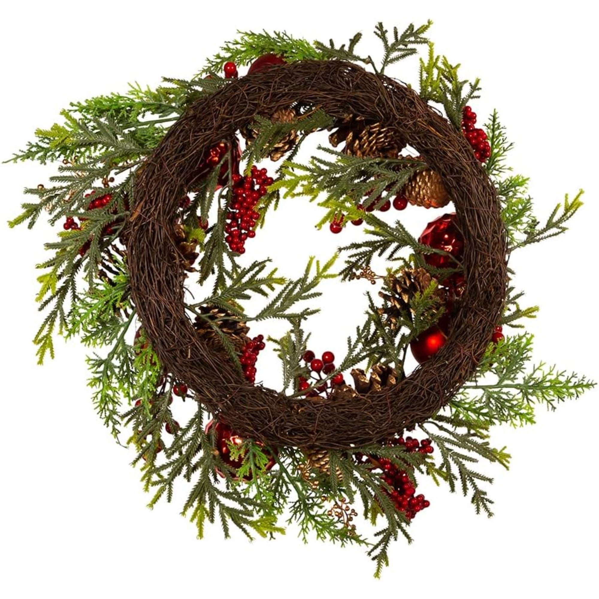 Kurt Adler Unlit Rattan Artificial Christmas Decorated Wreath with Pinecones, Red and Green, 24"