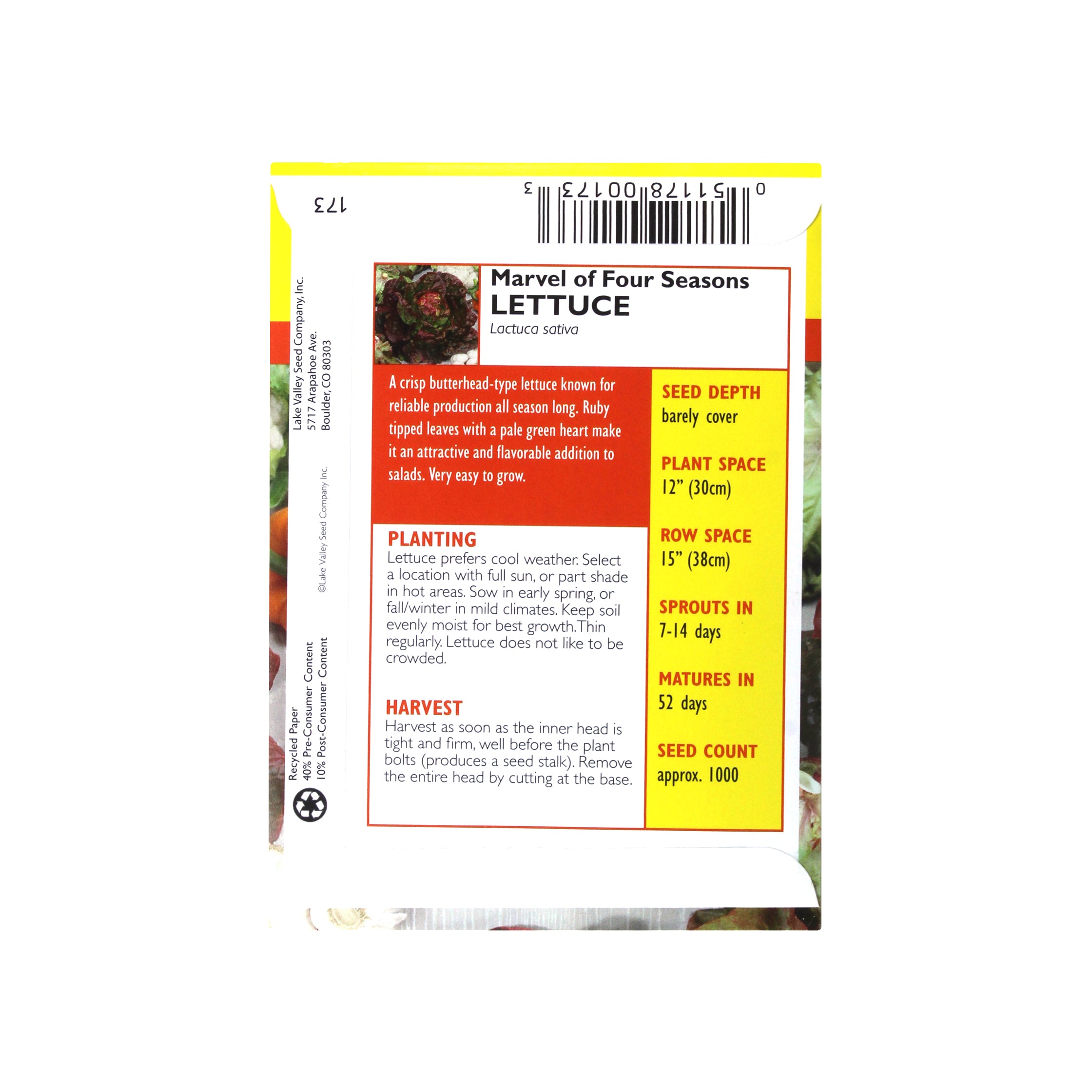 Lake Valley Seed Lettuce, Marvel of Four Seasons Heirloom, 1g