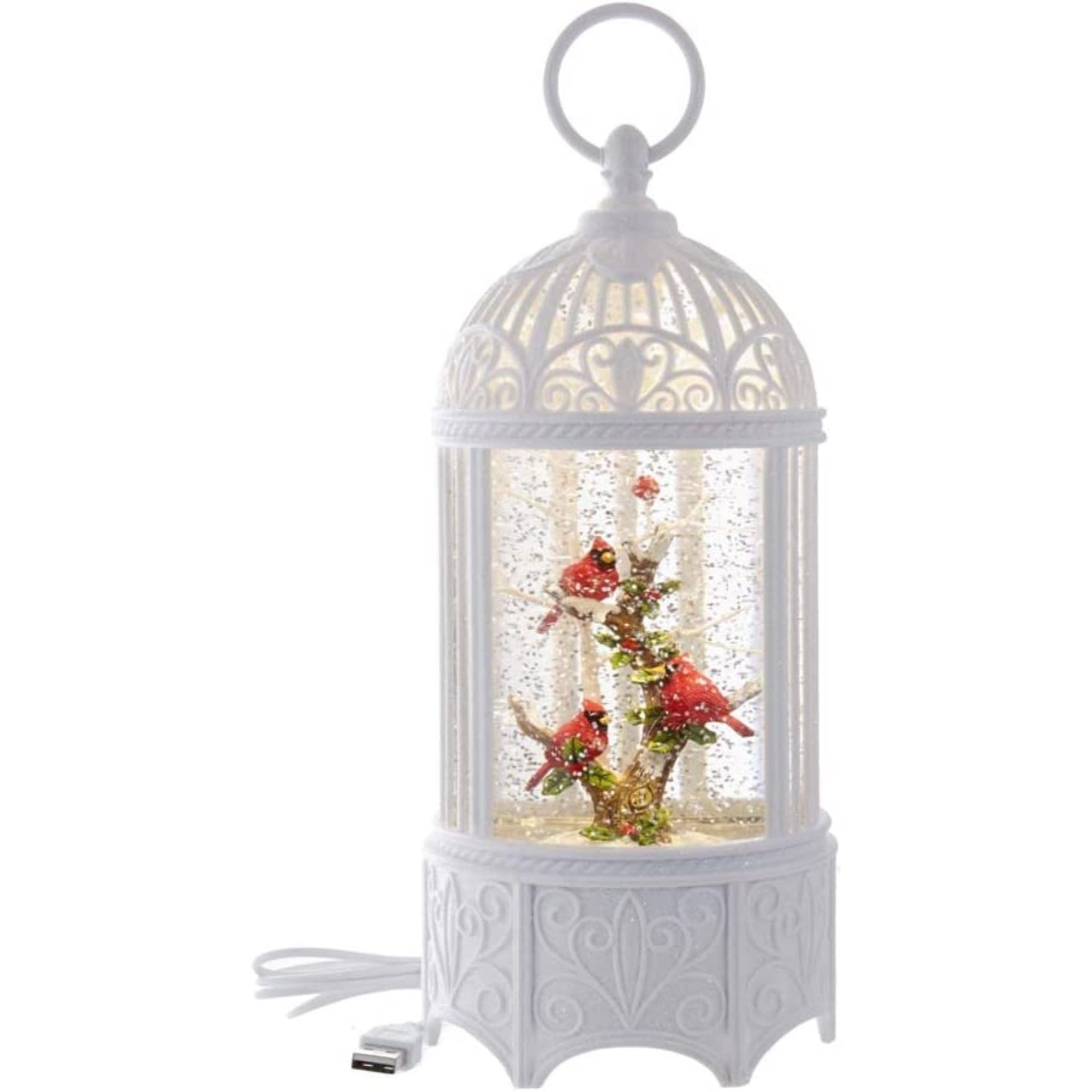 Kurt S. Adler Battery-Operated LED Swirl Cardinals Bird Cage Water Lantern, White, 10"