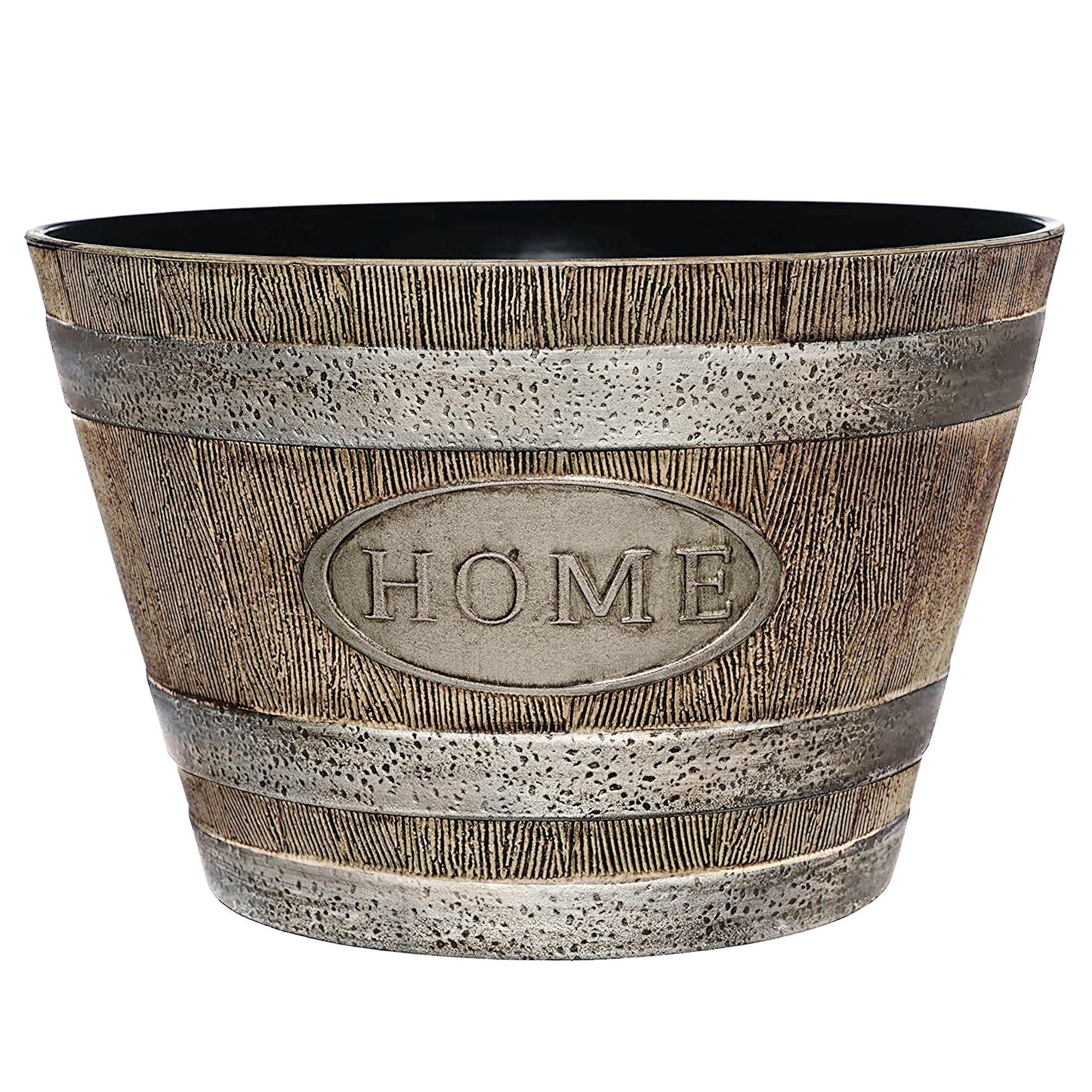 Classic Home and Garden Indoor/Outdoor Round Whiskey "Home" Resin Flower Pot Barrel Planter, Oak Brown, 15"