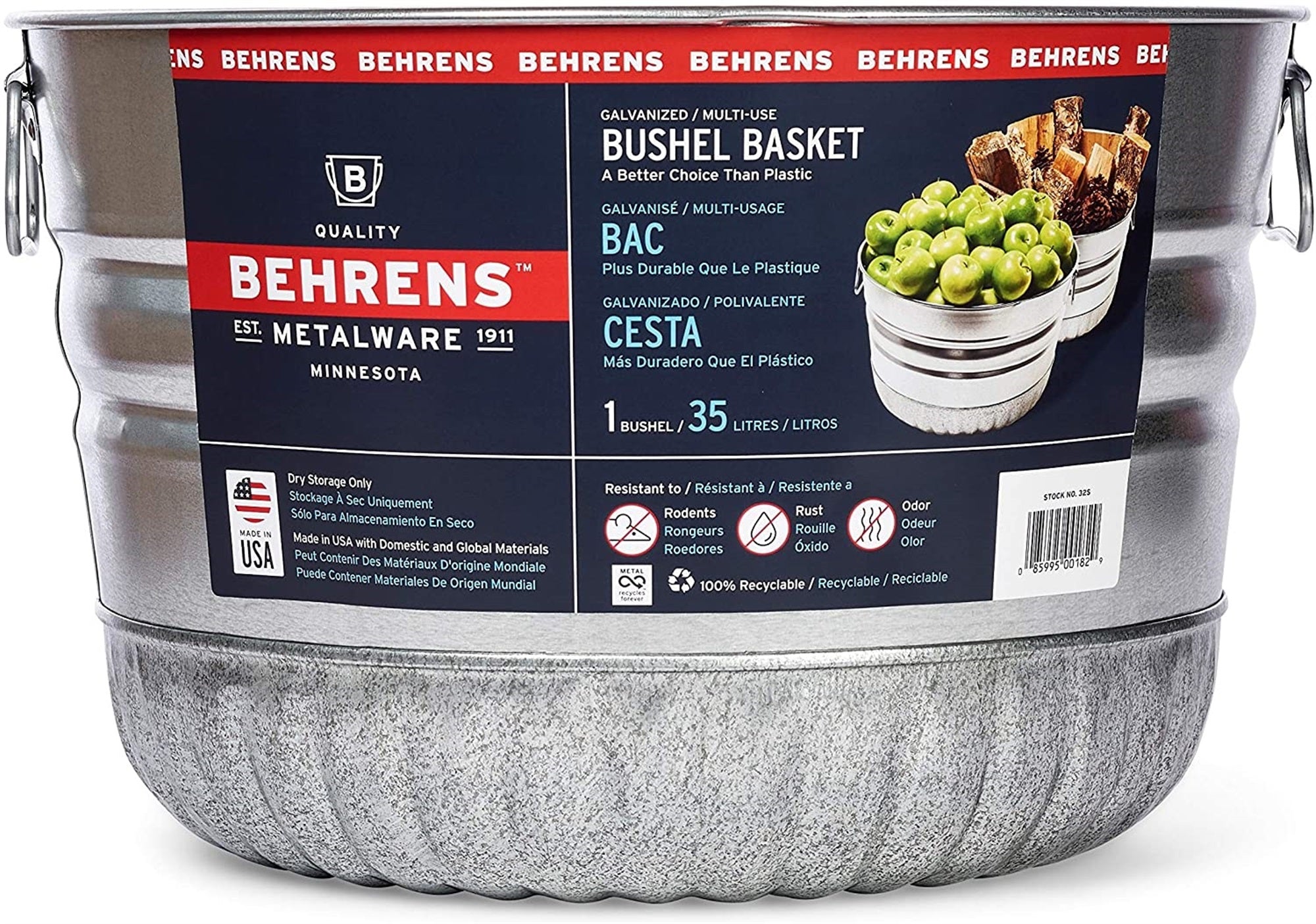 Behrens Galvanized Steel Bushel / Utility Basket, 1 Bushel (35 L)