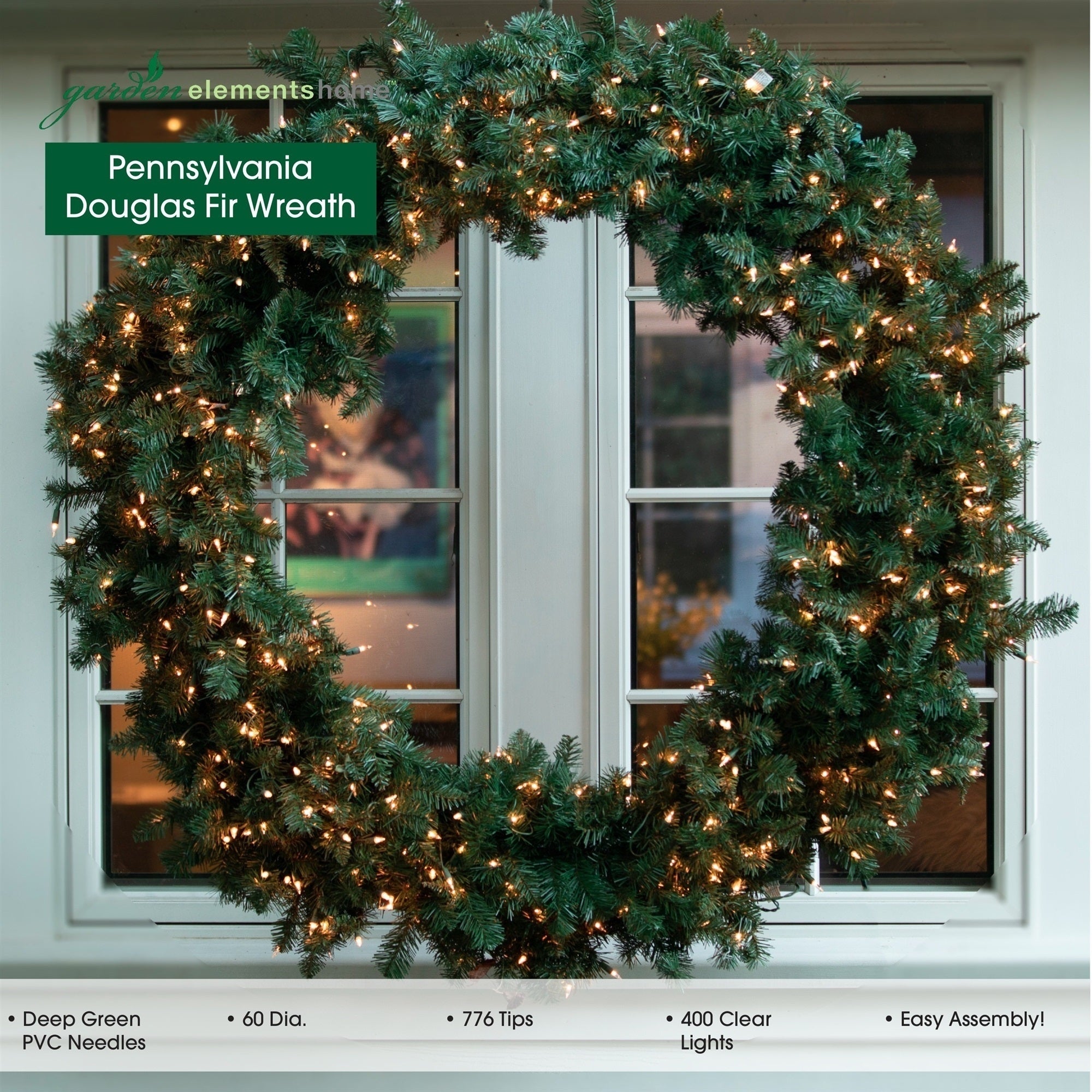 Garden Elements Diameter Douglas Fir Electrical Christmas Wreath, Clear Lights, 60"