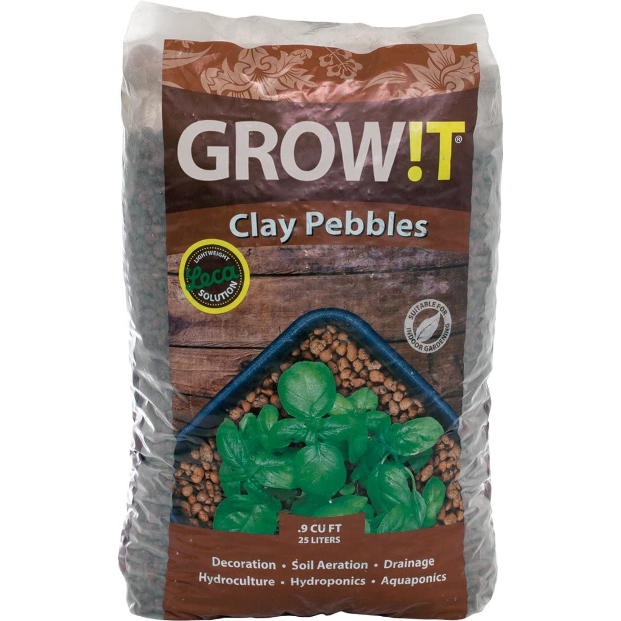 Hydrofarm GROW!T Clay Pebbles, 4mm-16mm, Brown, 25 L Bag