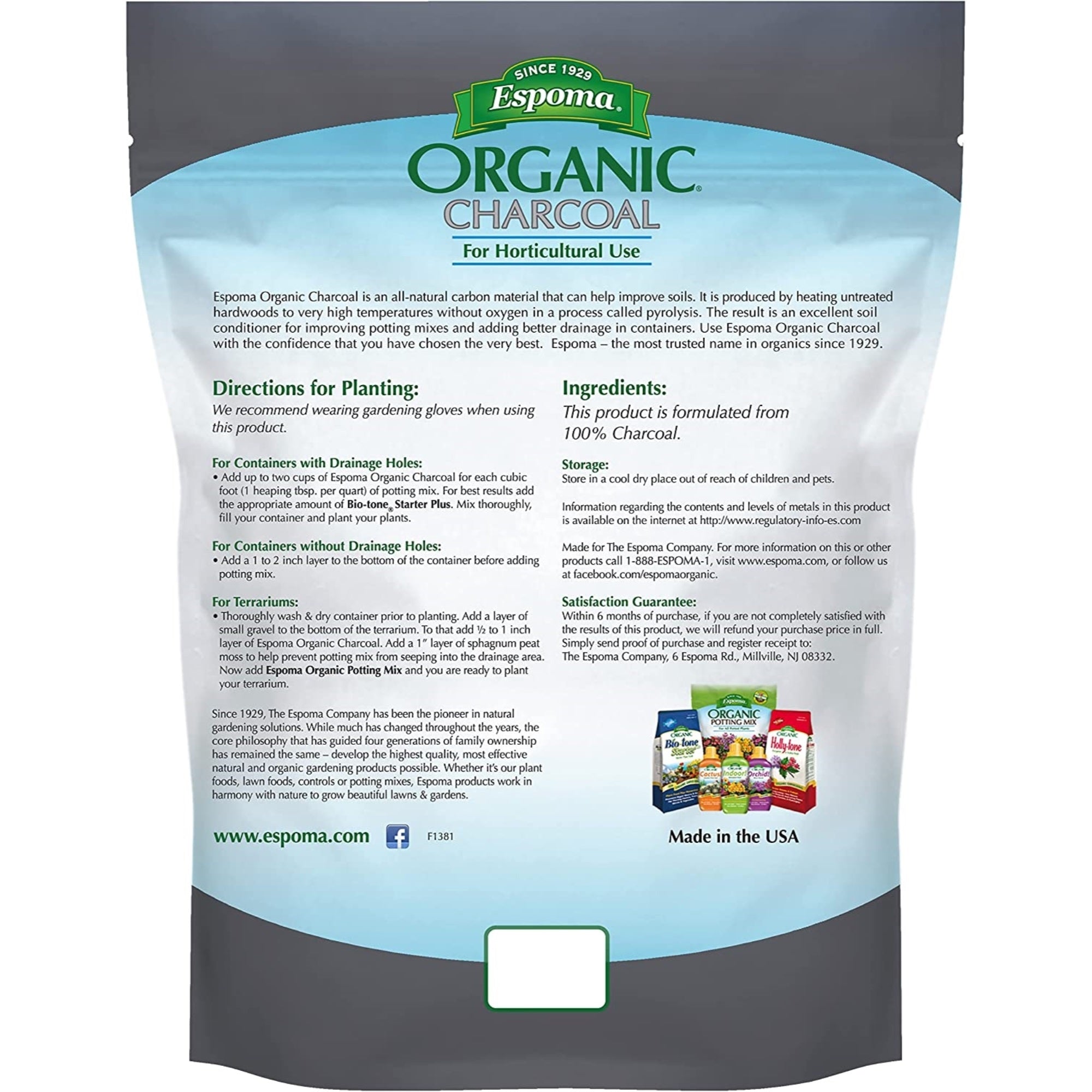 Espoma Organic Charcoal for Horticultural Use, All Natural Charcoal For Organic Gardening, Helps Improve Drainage in Containers and Terrariums, 4 Qt Bag