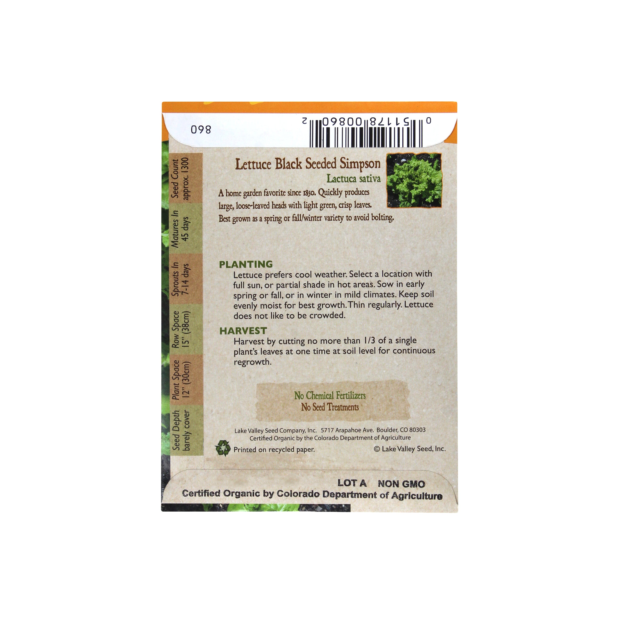 Lake Valley Seed Lettuce Organic Black Seeded Simpson Heirloom Vegetable, 1.5g