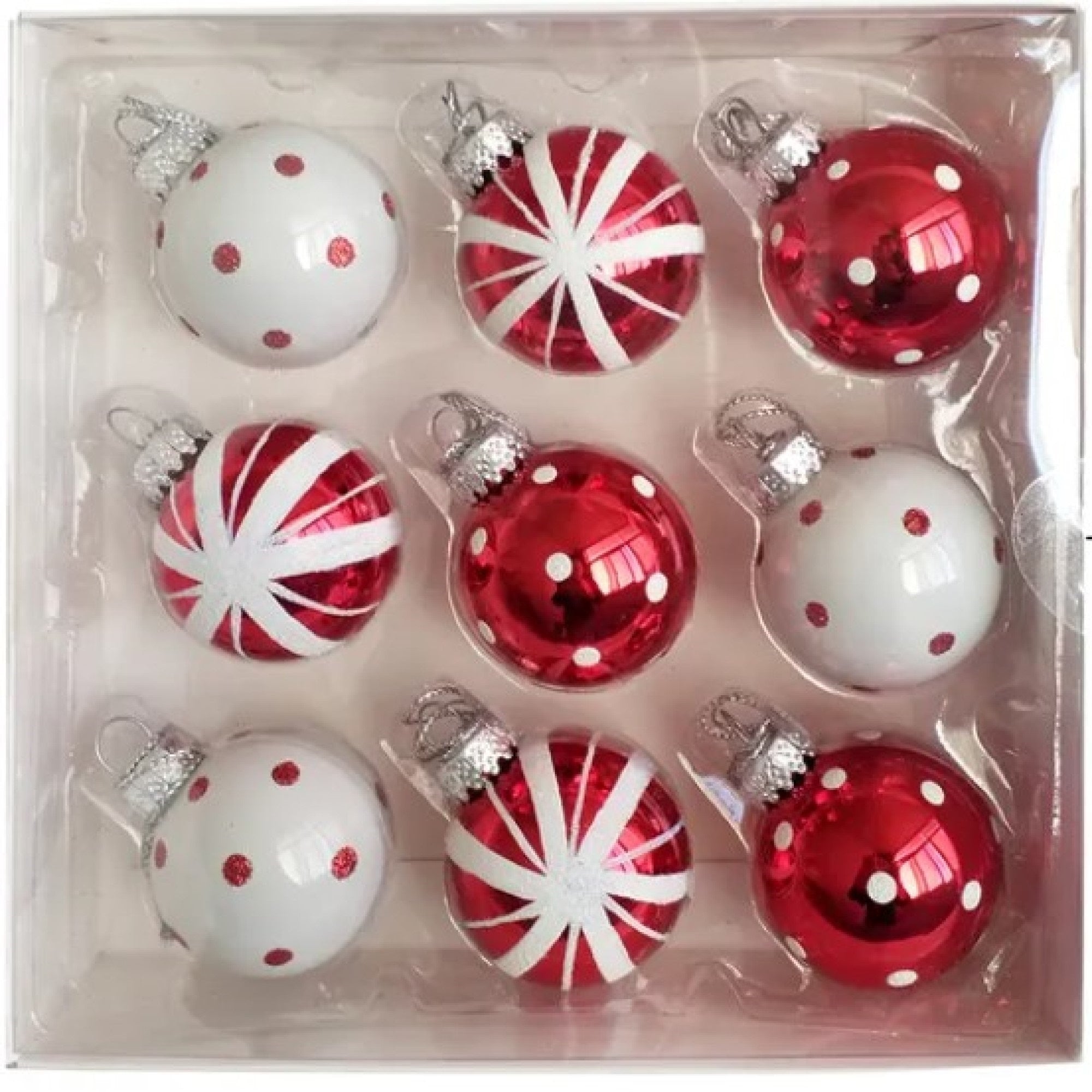 Kurt Adler Red and White Glass Ball, 9-Piece Box Ornament Set, 40MM