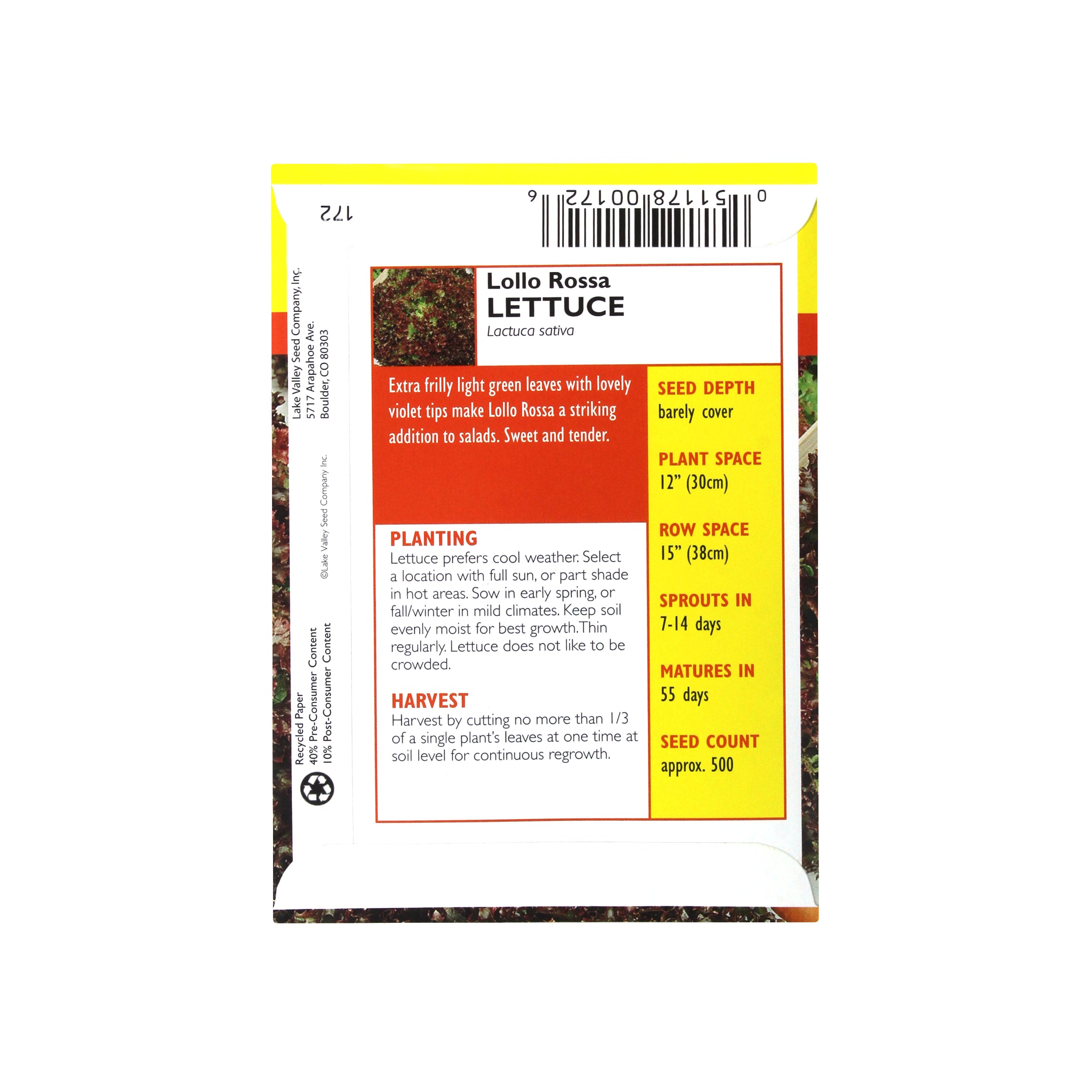 Lake Valley Seed Lettuce, Lollo Rossa Heirloom, 0.5g