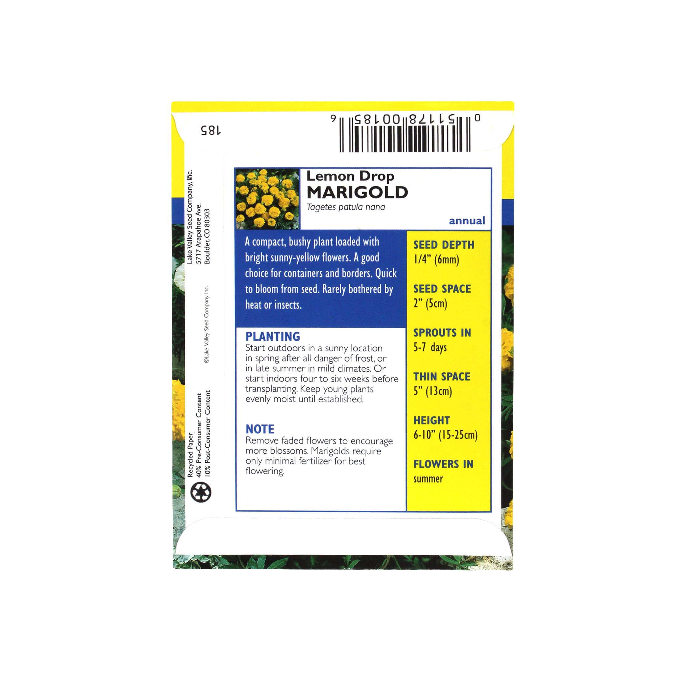 Lake Valley Seed Marigold, Dwarf Lemon Drop Heirloom, 0.4g