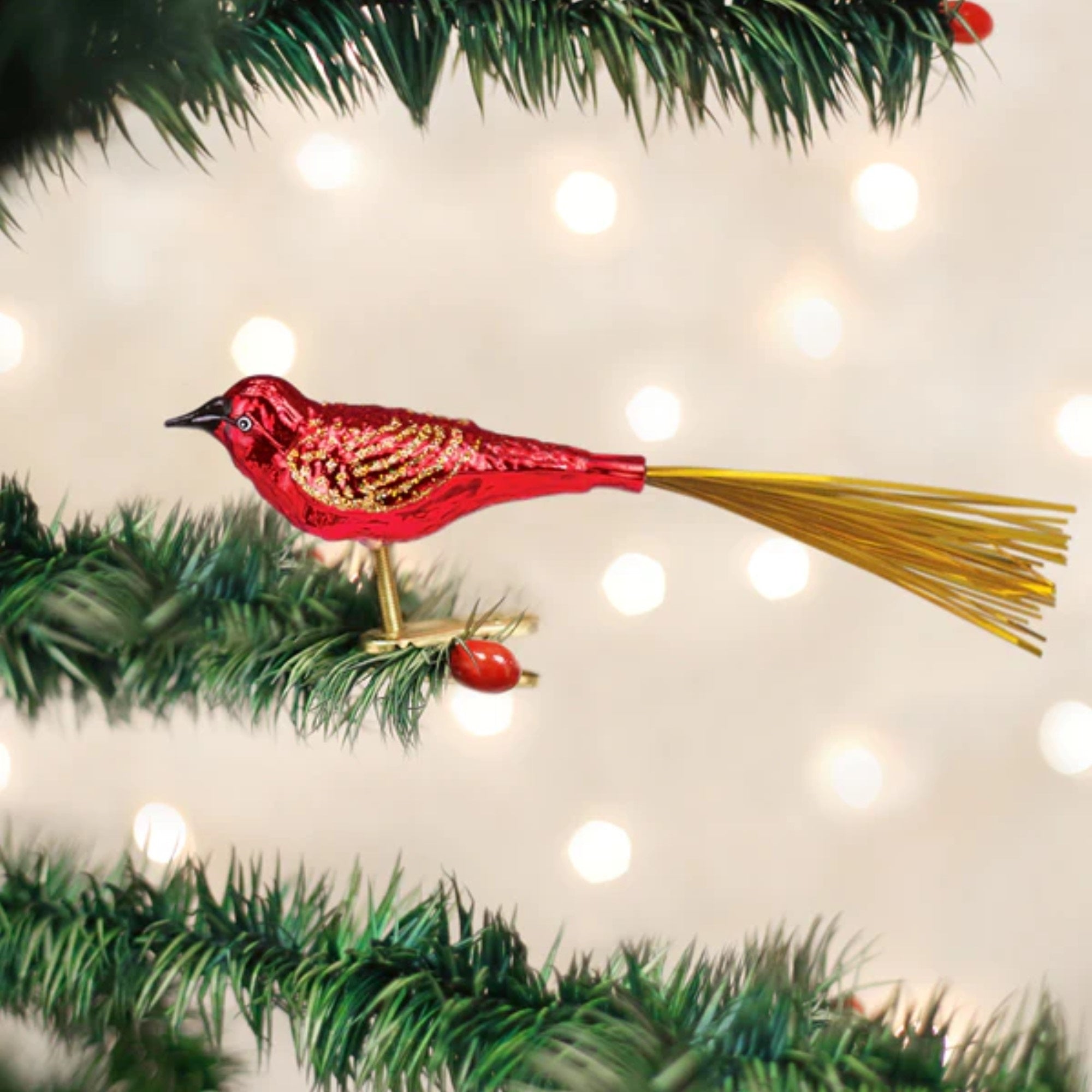 Old World Christmas Glass Blown Lovebird Clip-On Ornament Red, 5"