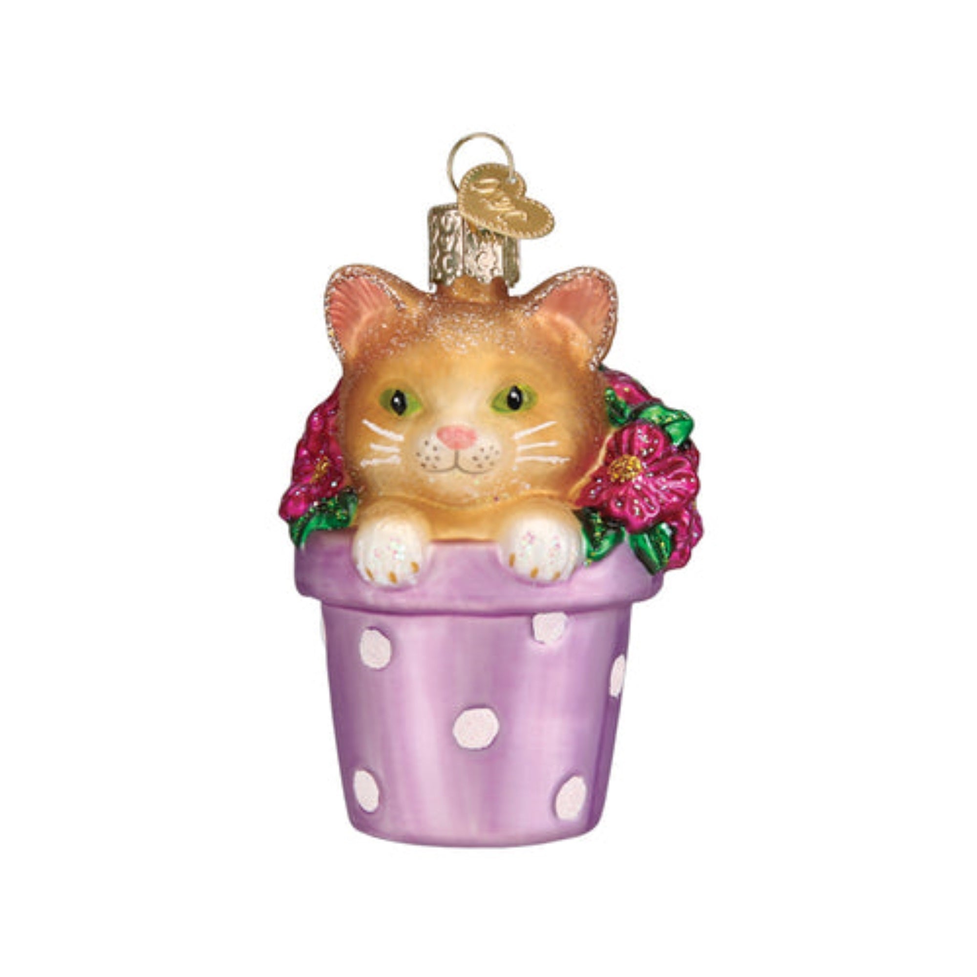 Old World Christmas Kitten in Flower Pot Blown Glass Holiday Tree Ornament