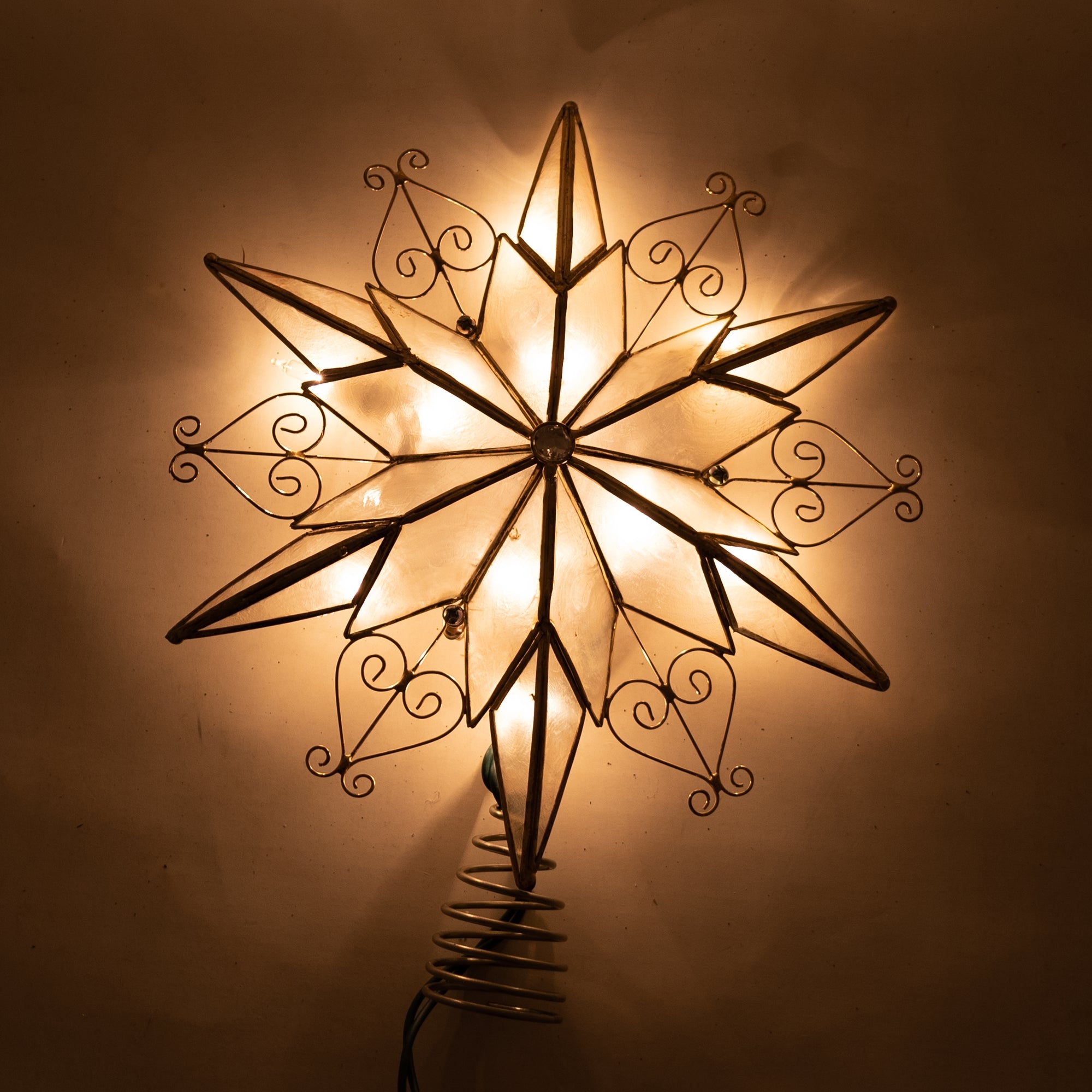 Kurt Adler 10-Light 6 Point Capiz Star w/ Scroll Design Lighted Treetop Star, 9"