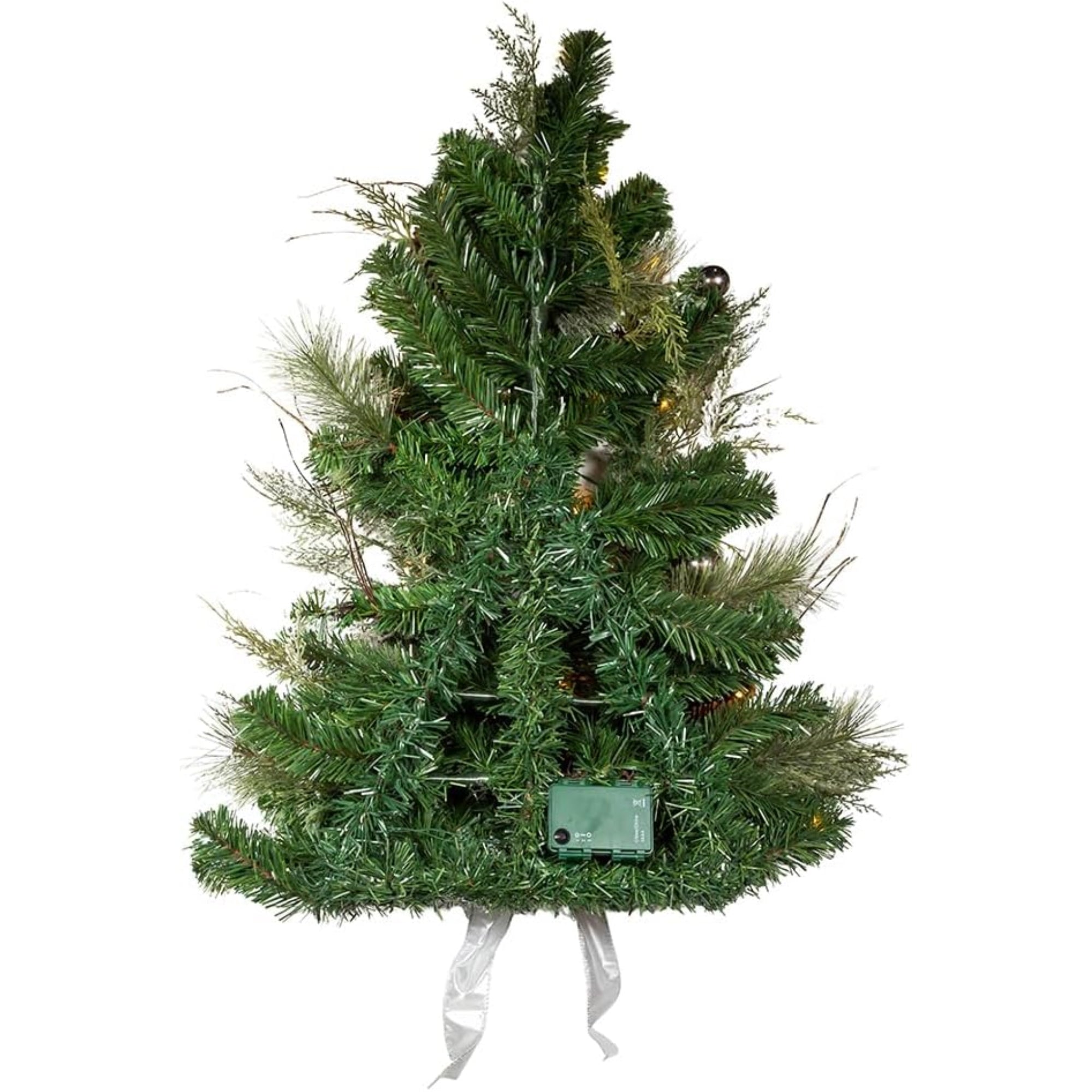 Kurt Adler Pre Lit Battery Operated Decorative Pinecone Wall Tree with Bow, White and Silver, 26in