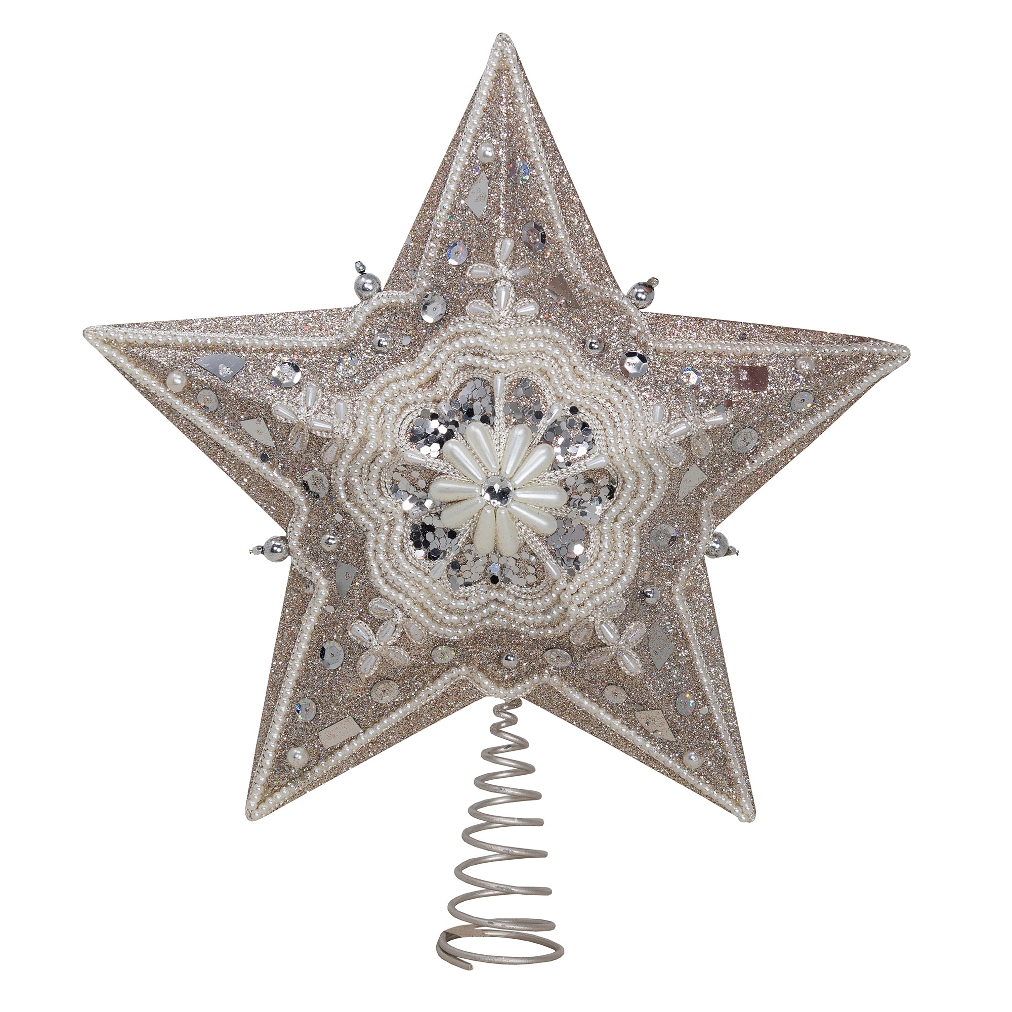 Kurt Adler Star Treetop with Ivory Pearls and Platinum Glass Glitter 13.5"