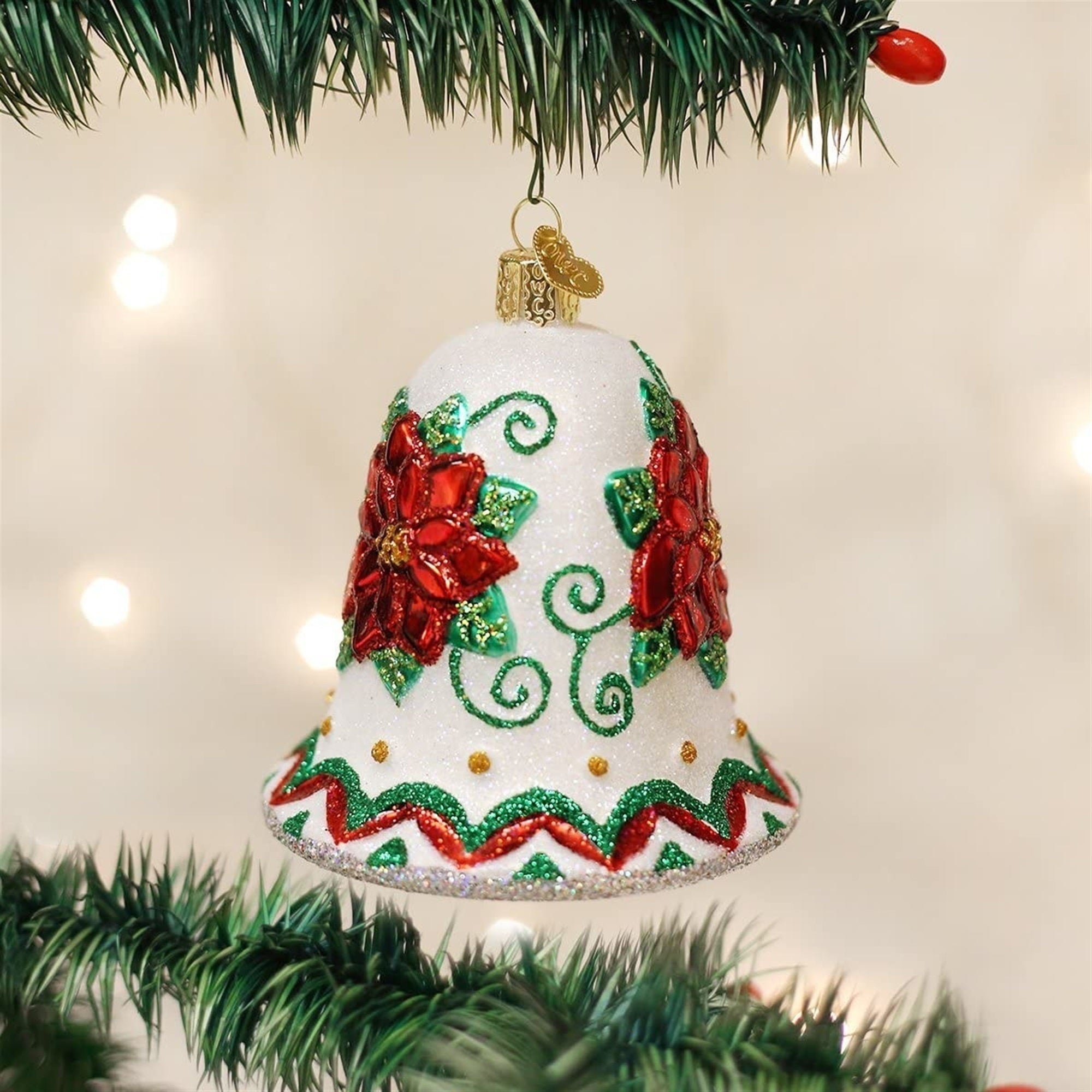 Old World Christmas Glass Blown Poinsettia Bell Ornament