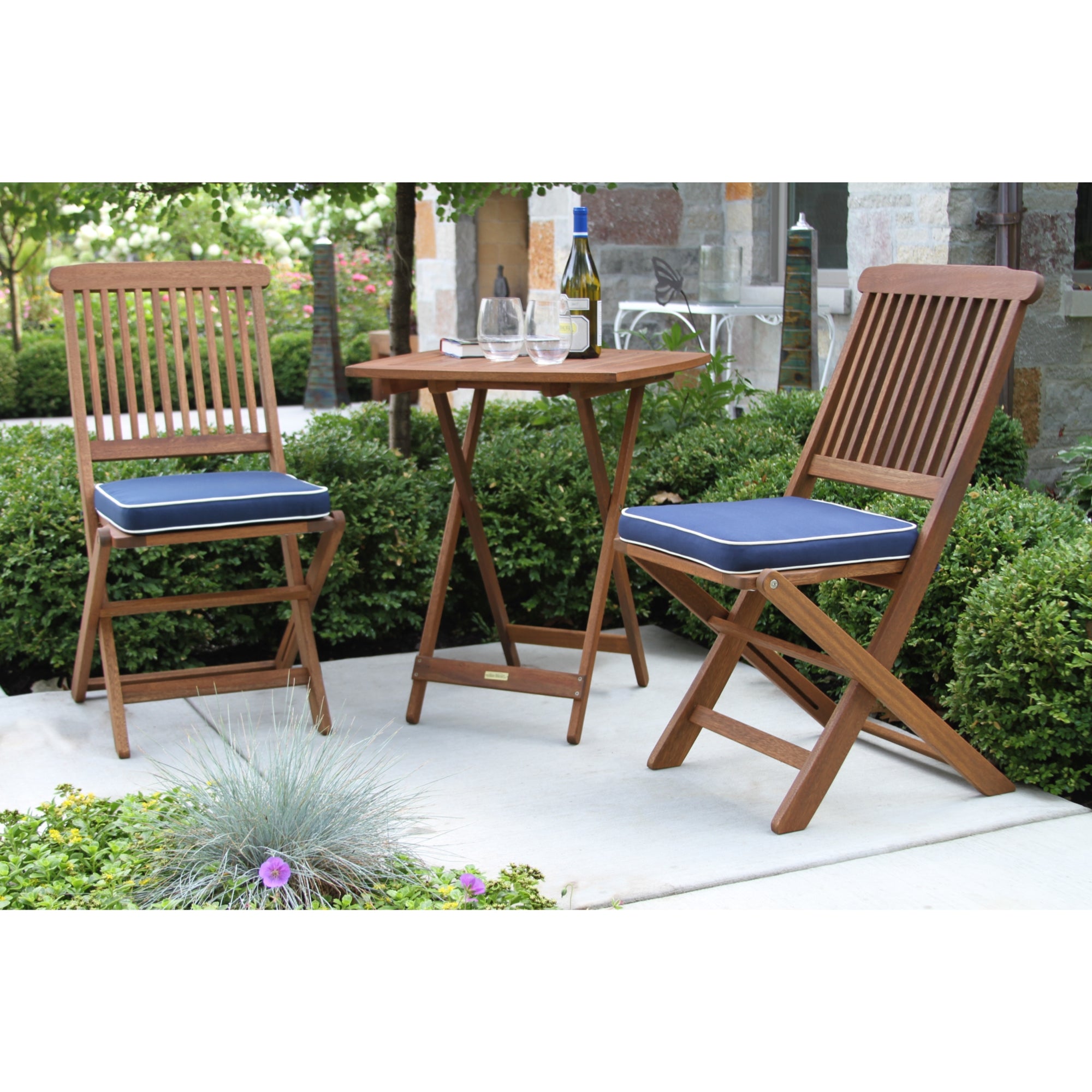 Outdoor Interiors Eucalyptus Wood 3-Piece Square Foldable Bistro Outdoor Furniture Patio Set, Table and 2 Chairs with Cushions