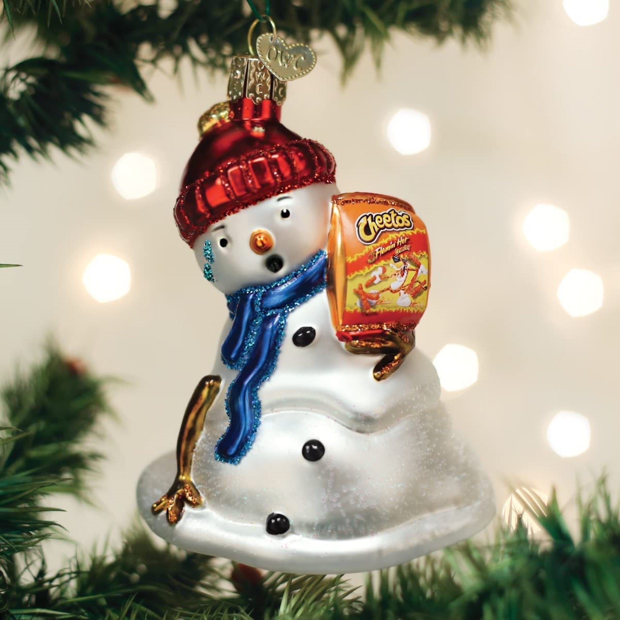 Old World Christmas Blown Glass Christmas Ornaments, Flamin Hot Cheetos Snowman