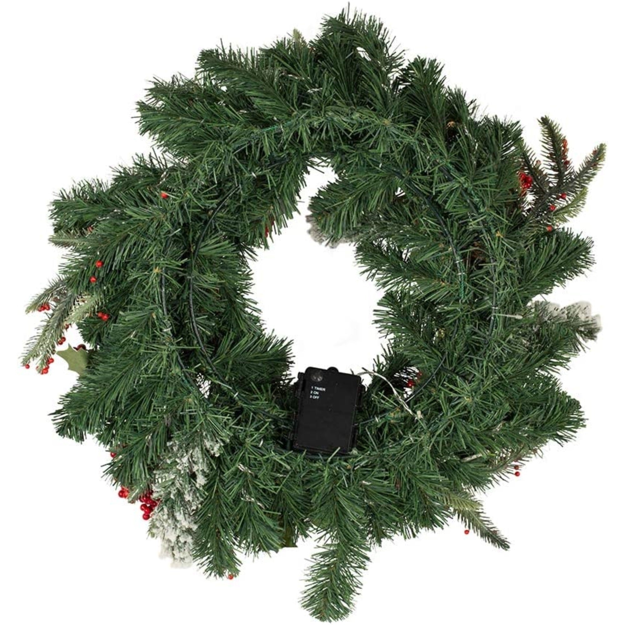 Kurt Adler Battery Operated Artificial Pre-Lit LED Holly, Berries and Pinecones Wreath Christmas Decoration, Green, 24"