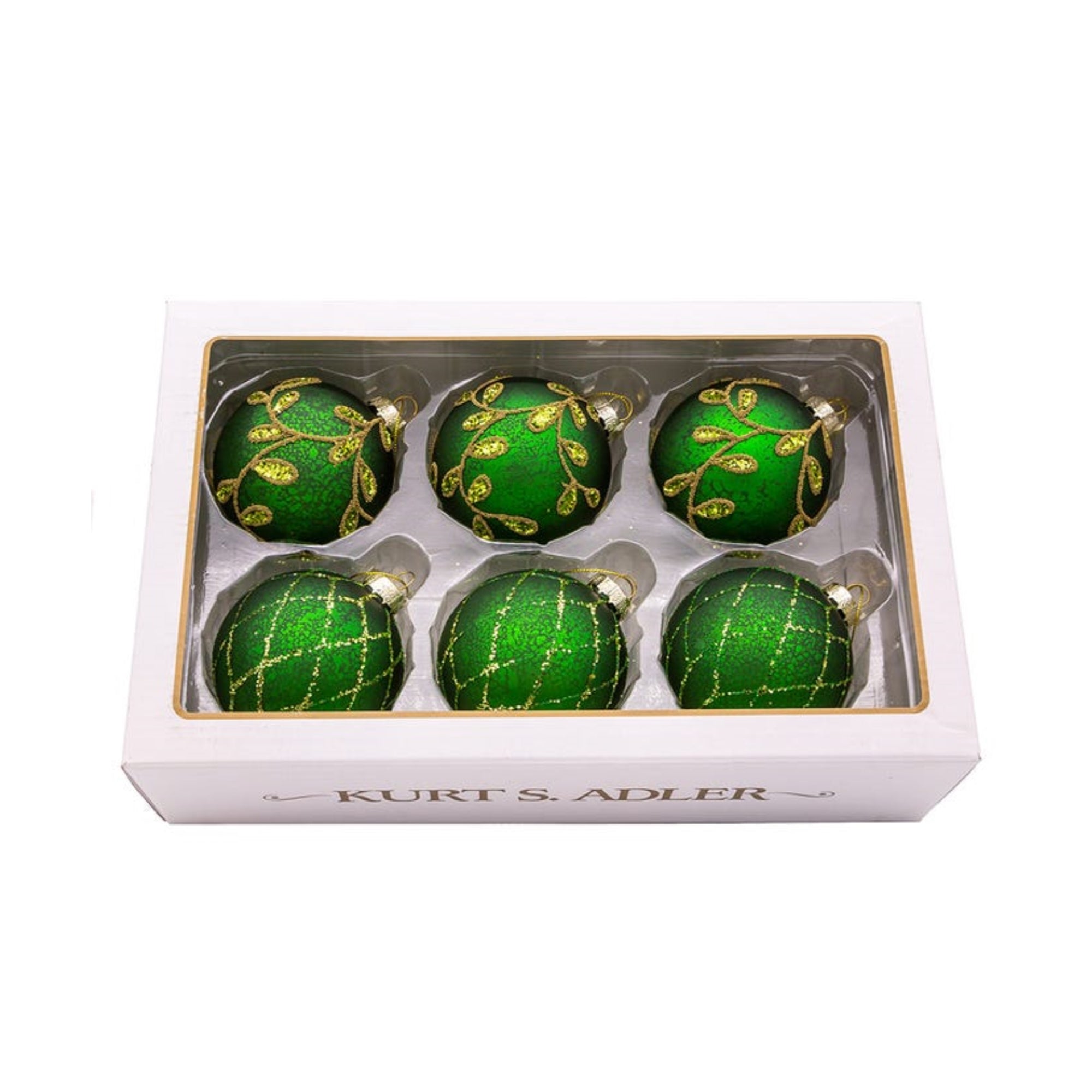 Kurt Adler Ornaments For Christmas Tree, Gold/Emerald Green Embellish Balls, 6 Piece Box, 3"