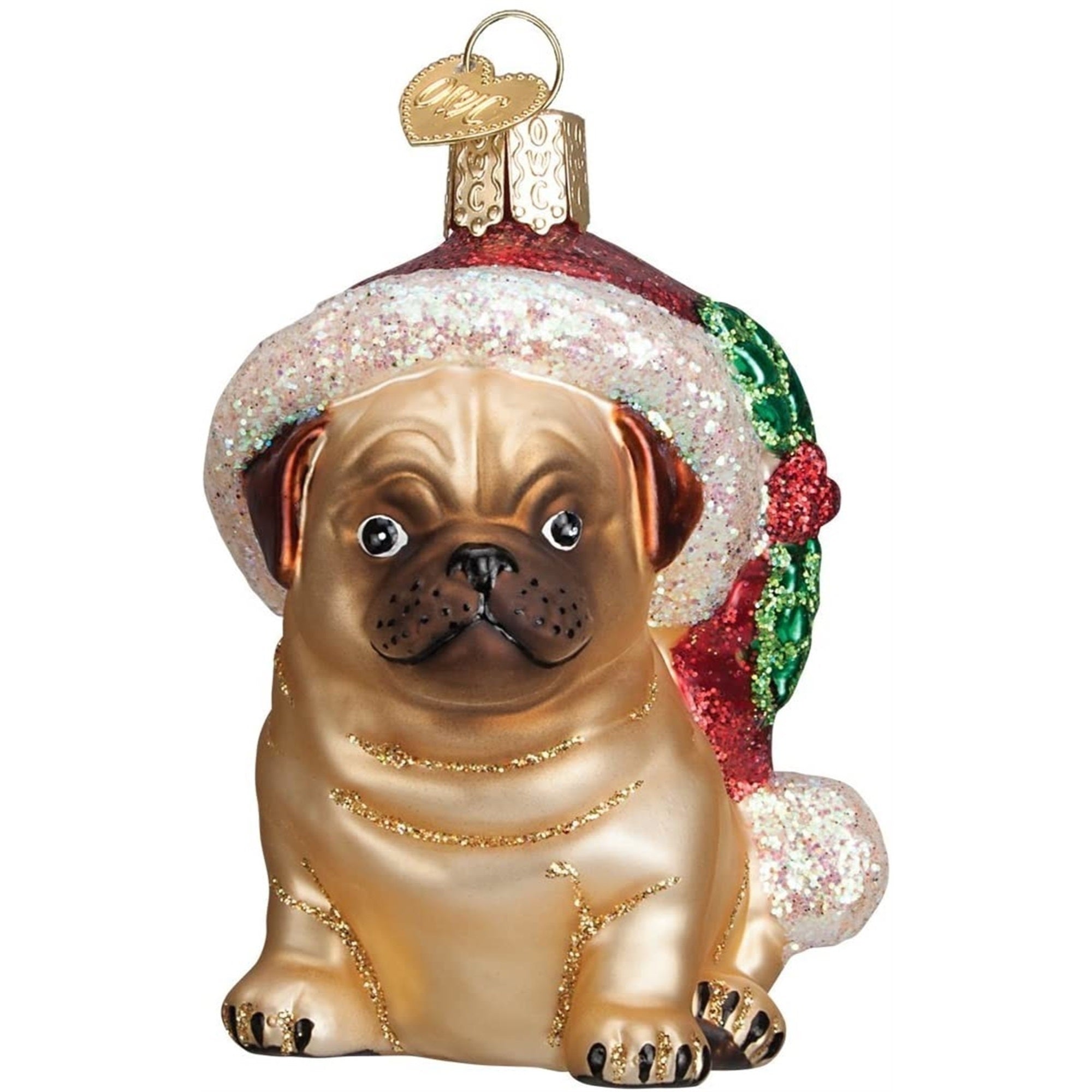 Old World Christmas Glass Blown Holly Hat Pug Ornament