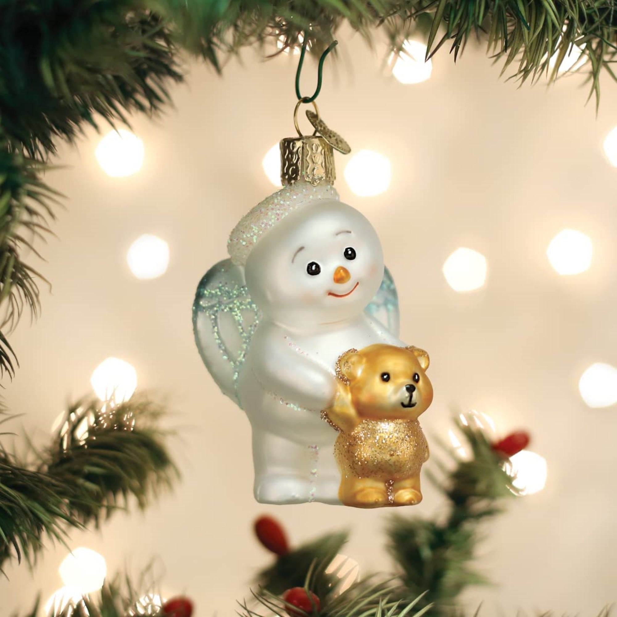 Old World Christmas Glass Blown Baby Snow Angel With Bear Ornament, 3.25"