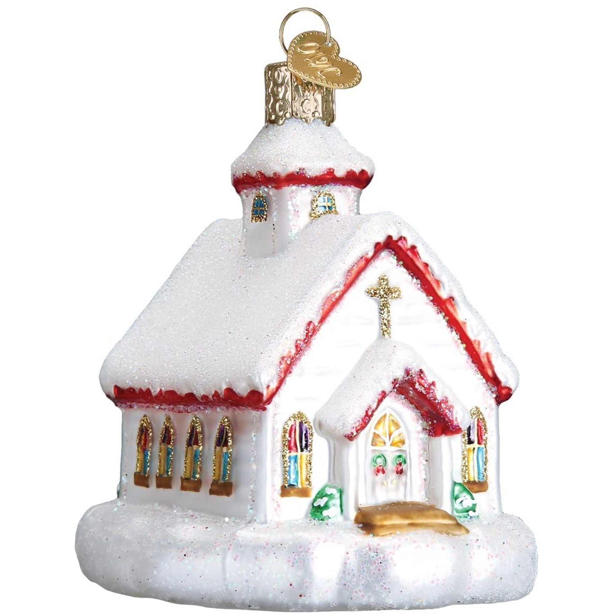 Old World Christmas Glass Blown Ornament, Country Church, 3.75"
