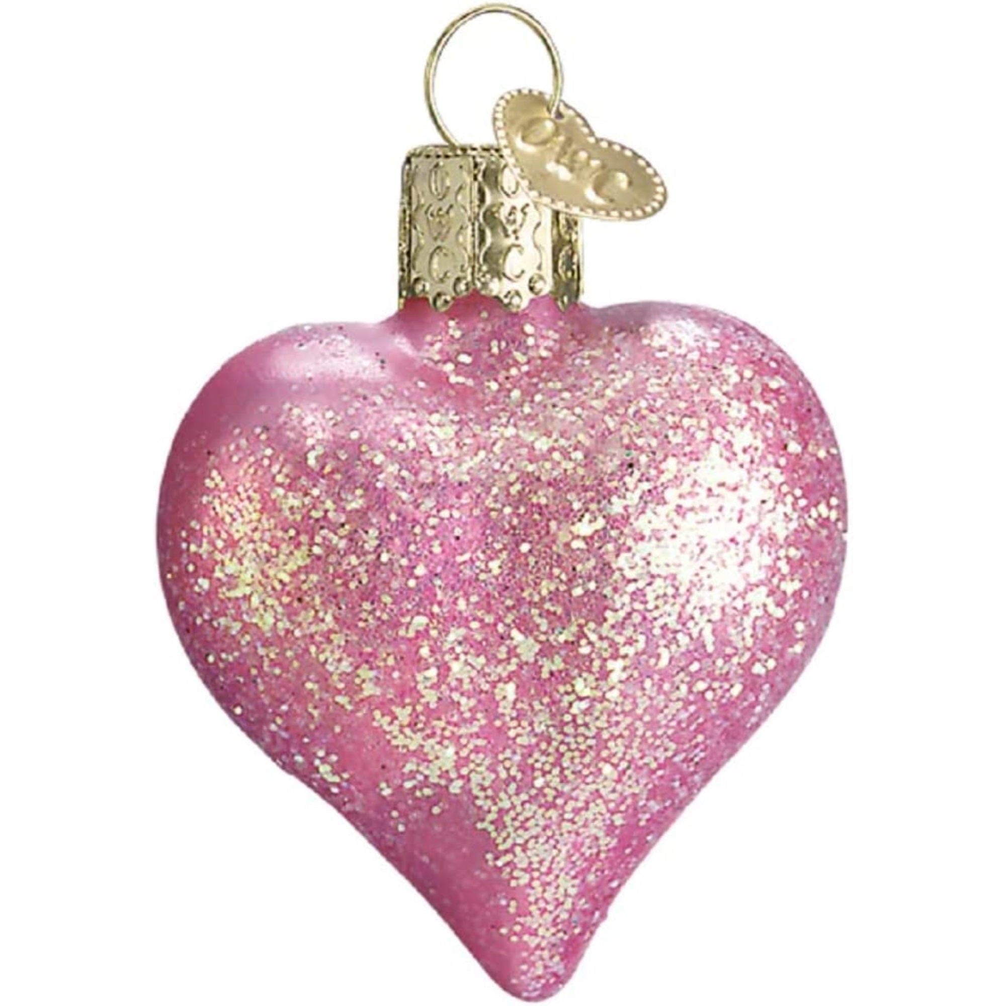 Old World Christmas Glass Blown Glittered Heart Pink, 2.75"