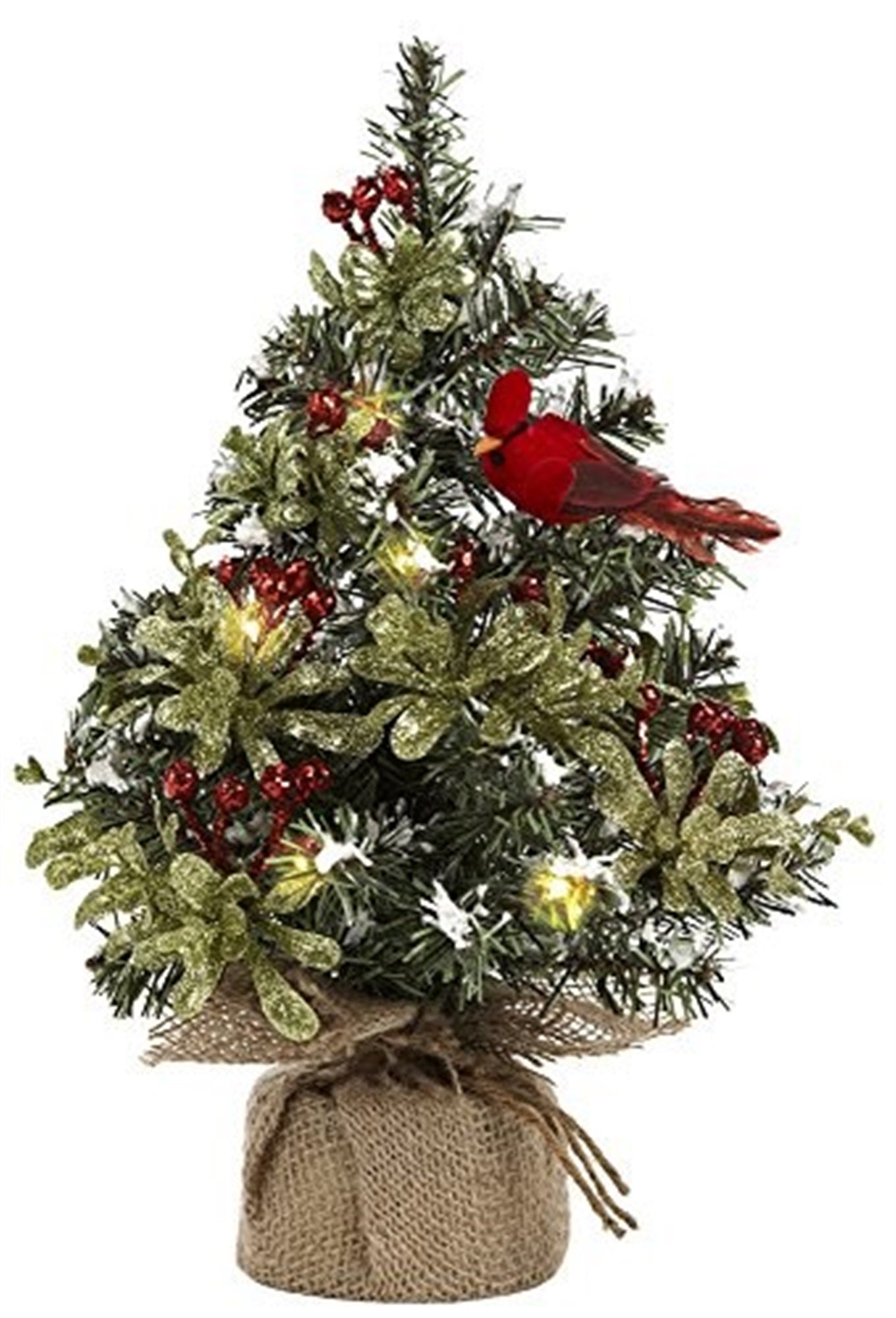 Ganz Plastic Light Up Mini Christmas Tree Evergreen with Red Cardinal, 12"