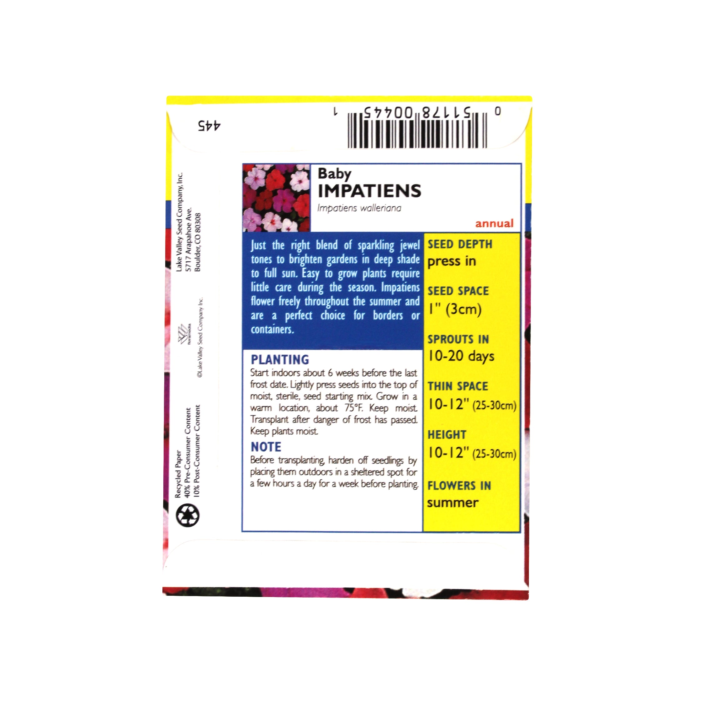 Lake Valley Seed Impatiens, Baby Mixed Colors Flowers, 0.05g