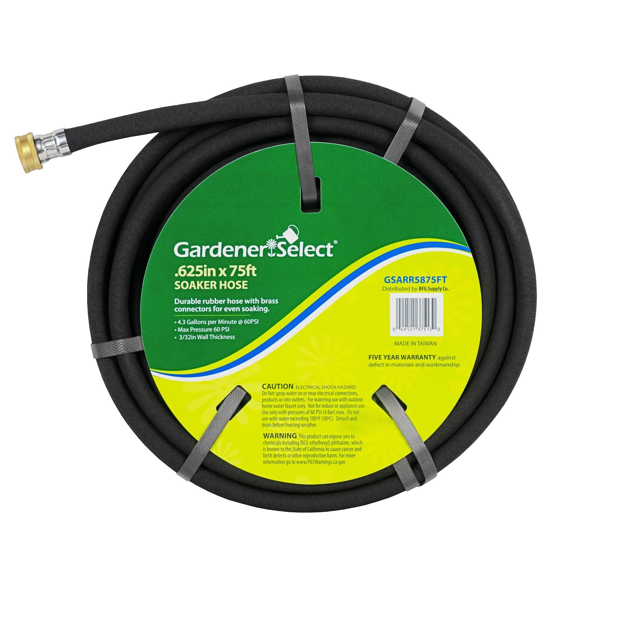 Gardener Select Durable Soaker Hose W/Brass Connectors, Black, 5/8" x 75'